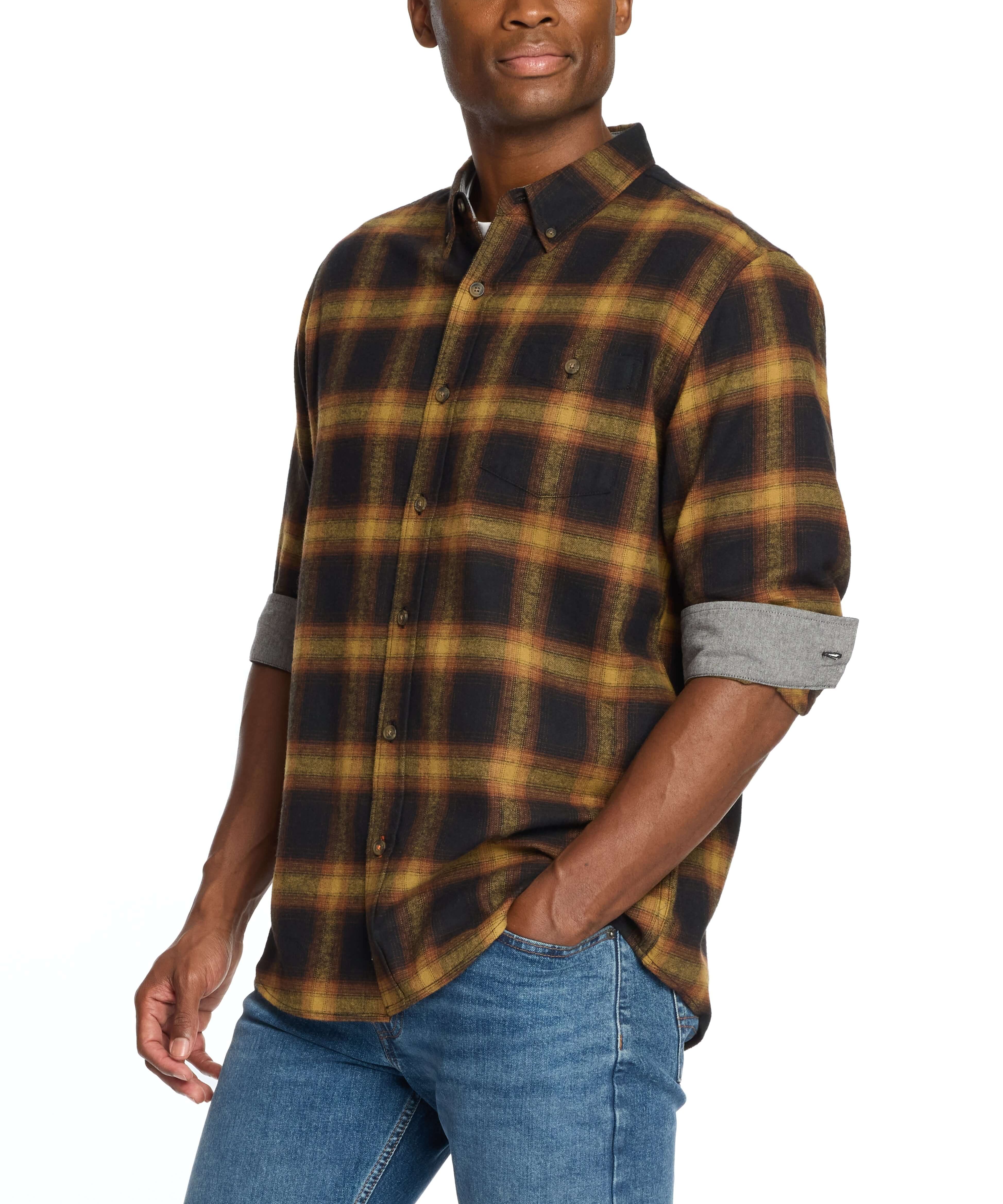 Model wearing a long sleeve brushed flannel shirt in Inca Gold with plaid pattern and button-down collar.