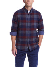 Men's long sleeve brushed flannel shirt in red maroon with plaid pattern, ideal for rugged and rustic styles.