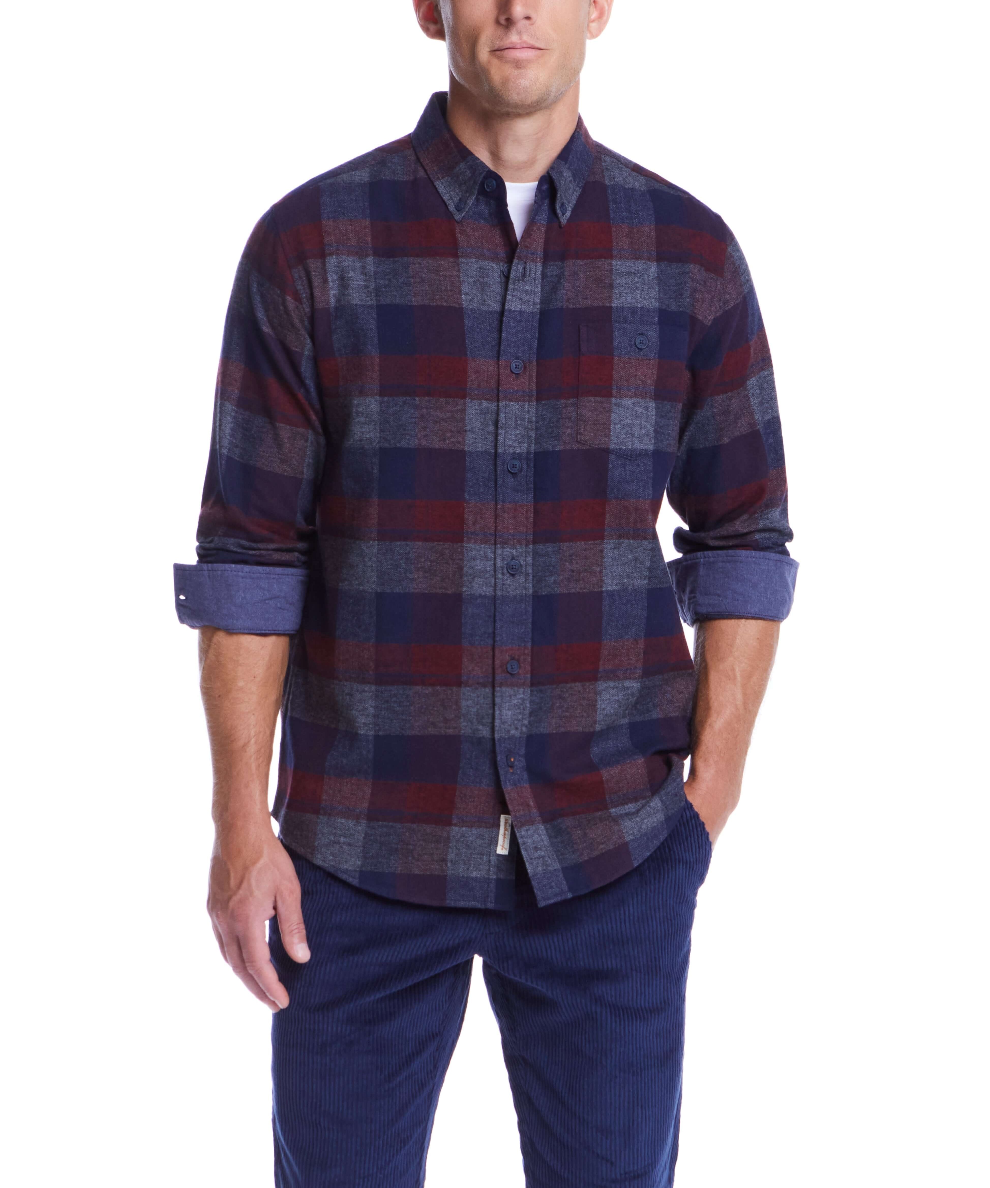 Men's long sleeve brushed flannel shirt in red maroon with plaid pattern, ideal for rugged and rustic styles.