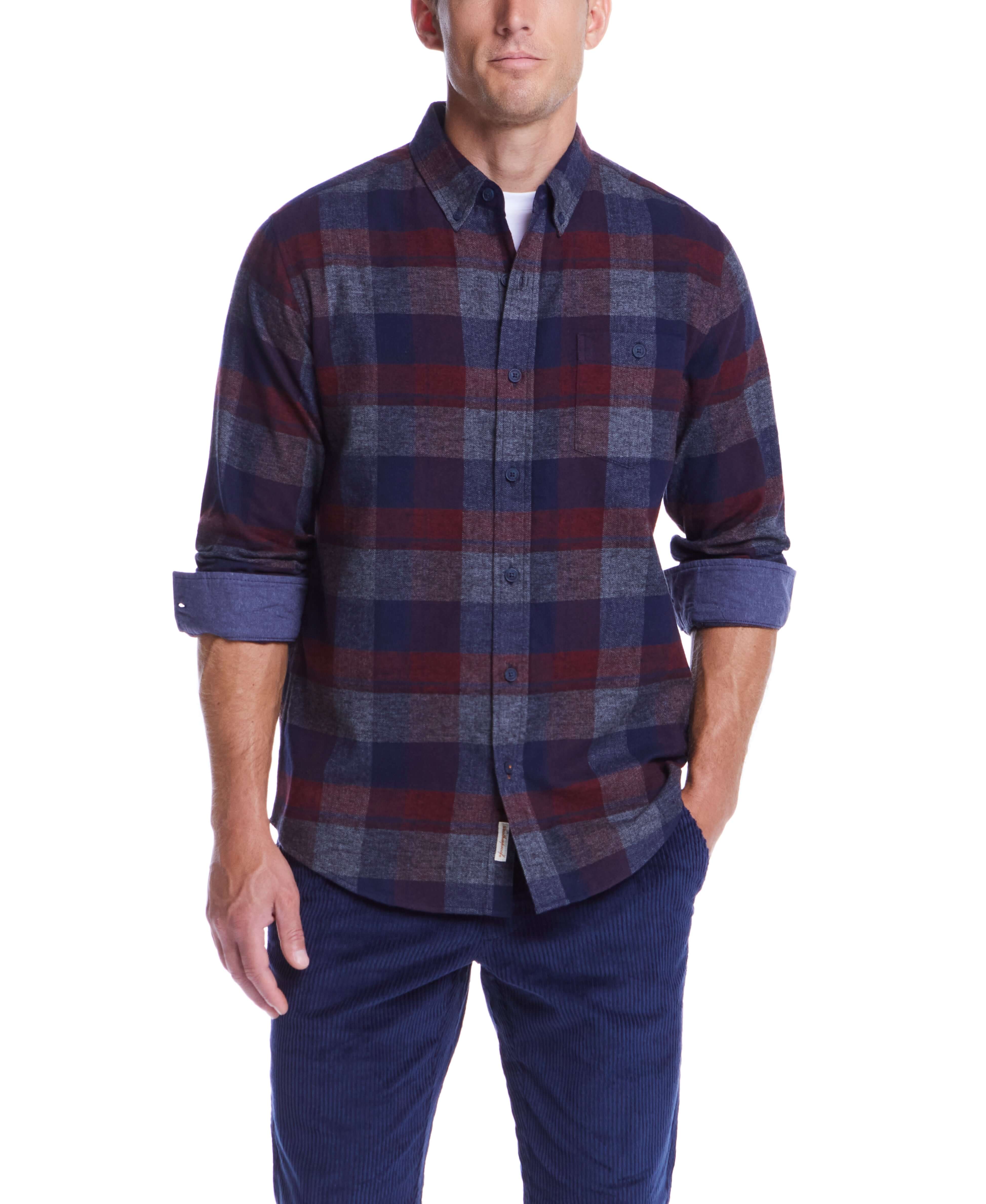 Men's long sleeve brushed flannel shirt in red maroon with plaid pattern, ideal for rugged and rustic styles.