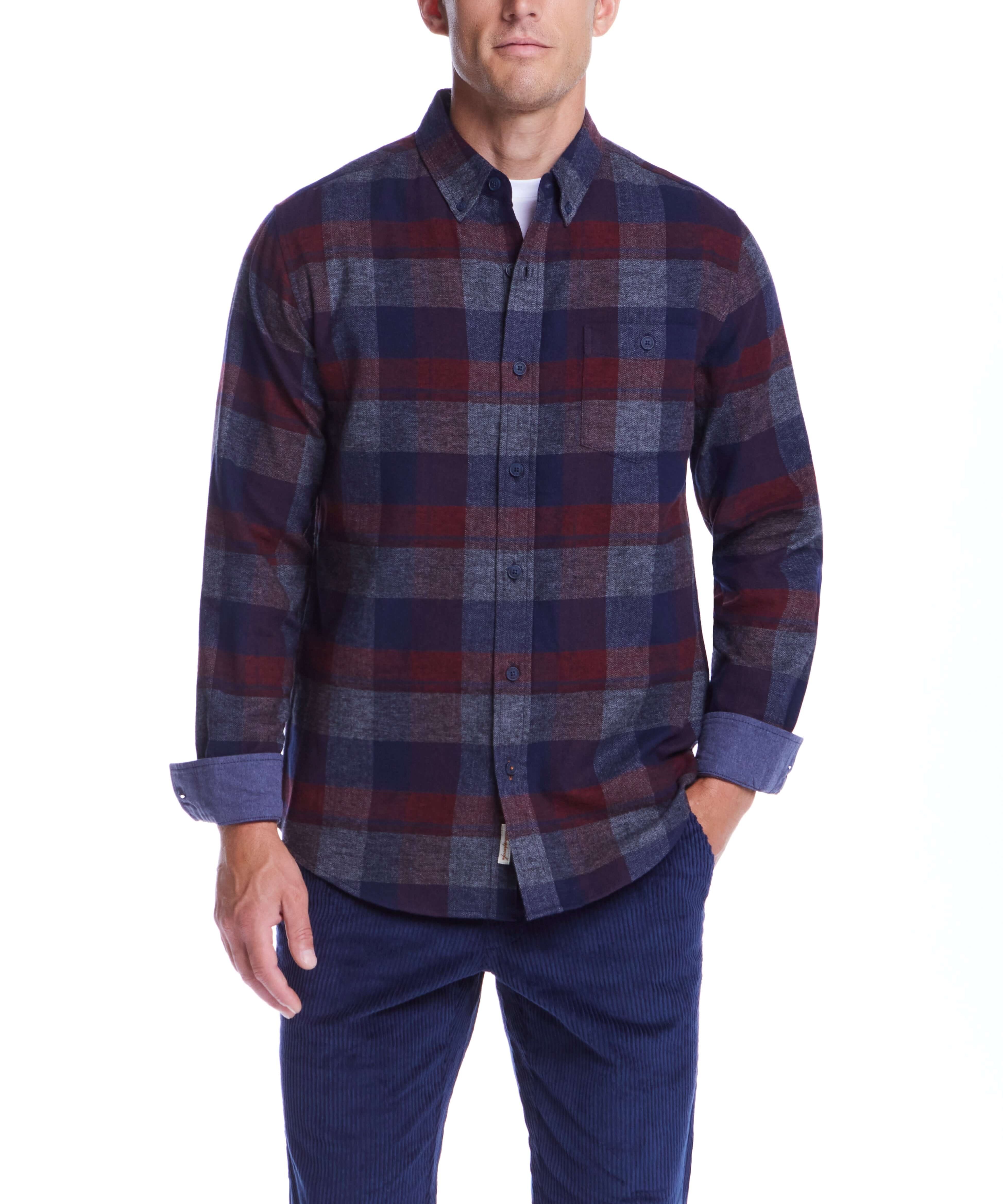 Model wearing a long sleeve brushed flannel shirt in red maroon plaid pattern.