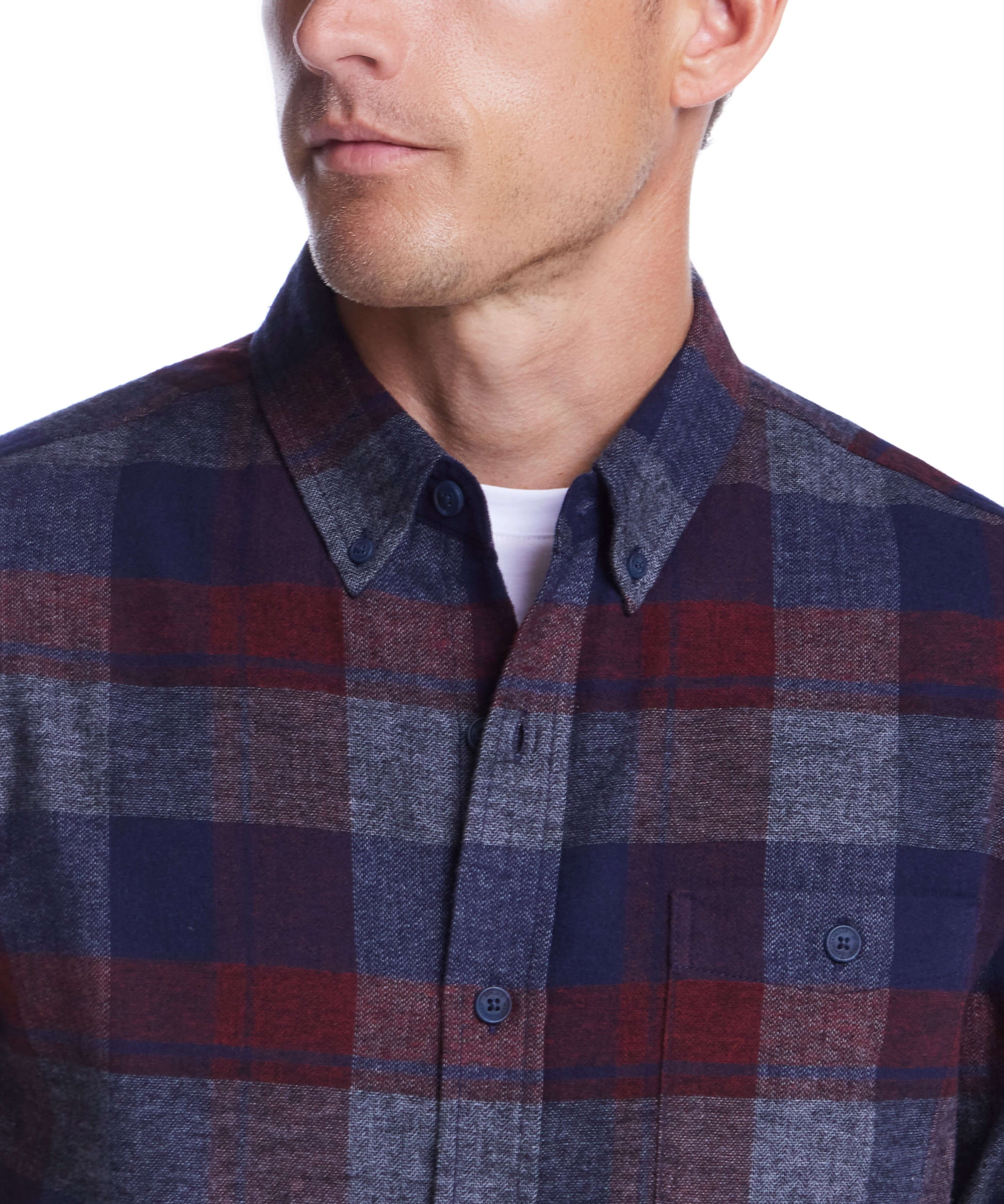 Man wearing a stylish red maroon brushed flannel shirt with a button-down collar and plaid pattern.