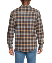 Back view of a man wearing a long sleeve brushed flannel shirt in sharkskin with scaled-up plaid pattern.