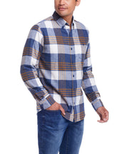 Long sleeve blue brushed flannel shirt with plaid pattern, button-down collar, and soft cotton blend fabric.