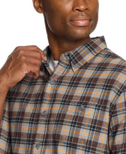 Man showcasing a classic long sleeve brushed flannel shirt in sharkskin plaid with button-down collar.