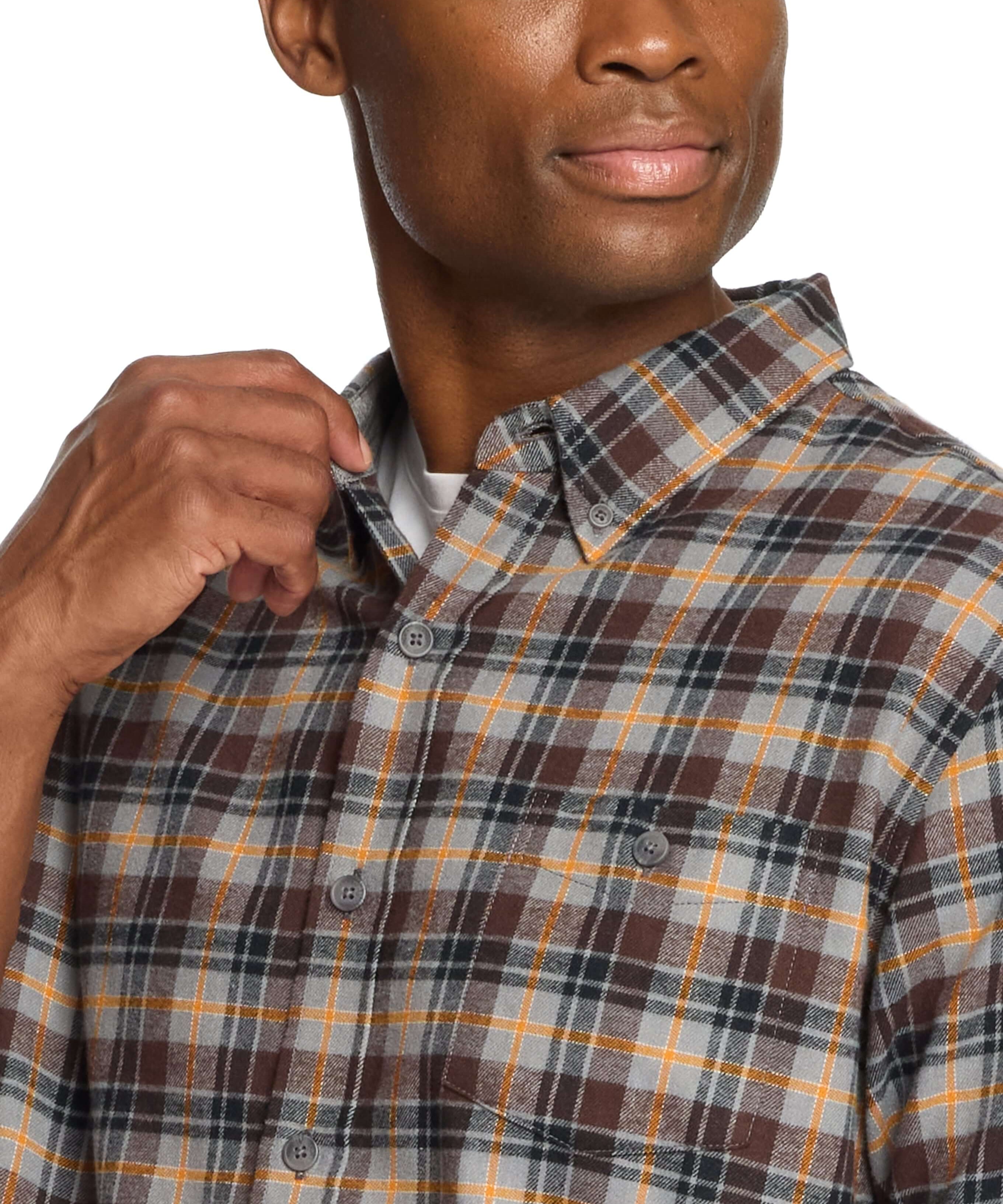 Man showcasing a classic long sleeve brushed flannel shirt in sharkskin plaid with button-down collar.