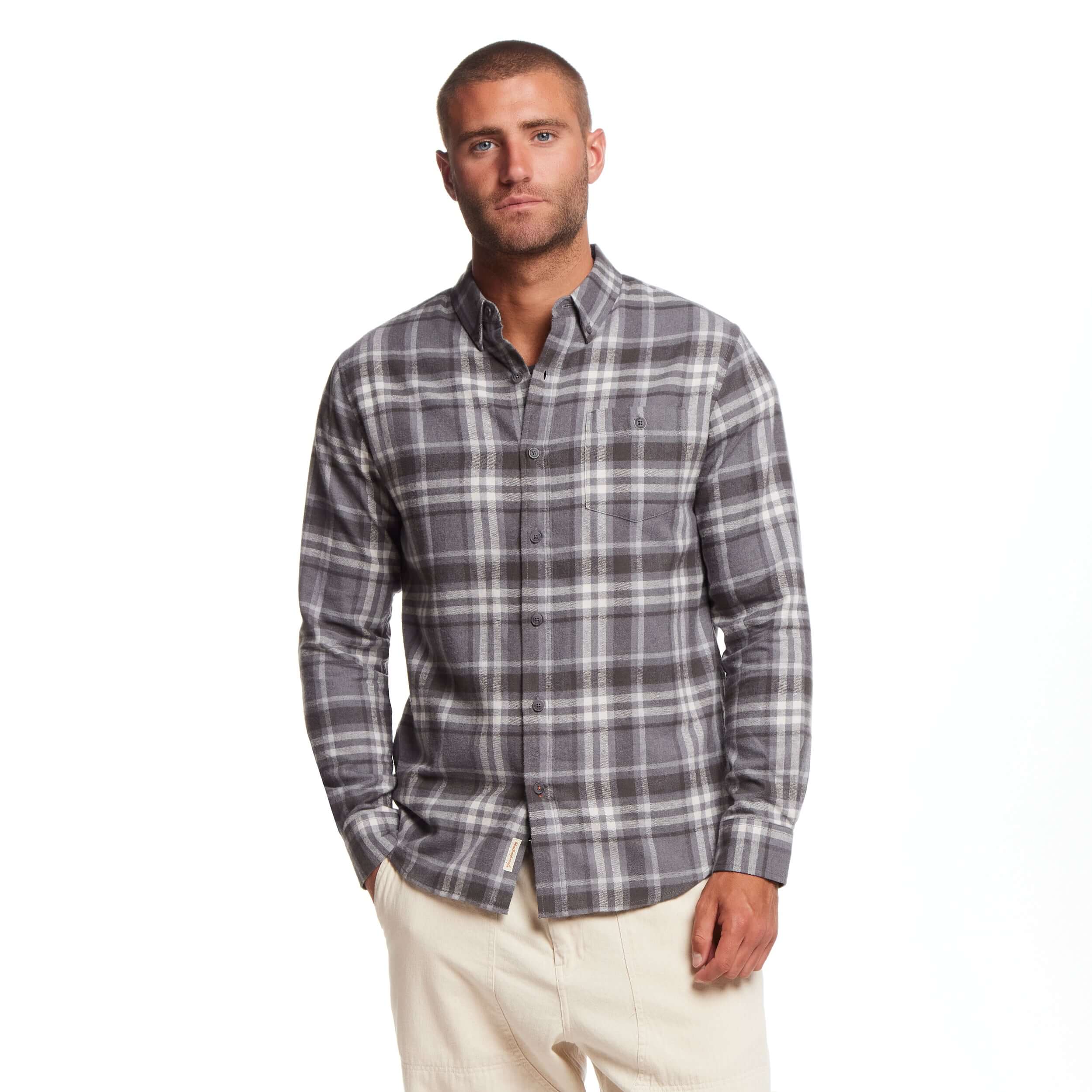 Men's long sleeve brushed flannel shirt in sleet, featuring a classic plaid pattern and button-down collar.