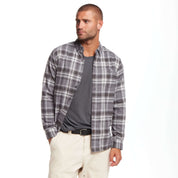 Man wearing a long sleeve brushed flannel shirt in sleet with a button-down collar and buttoned breast pocket.