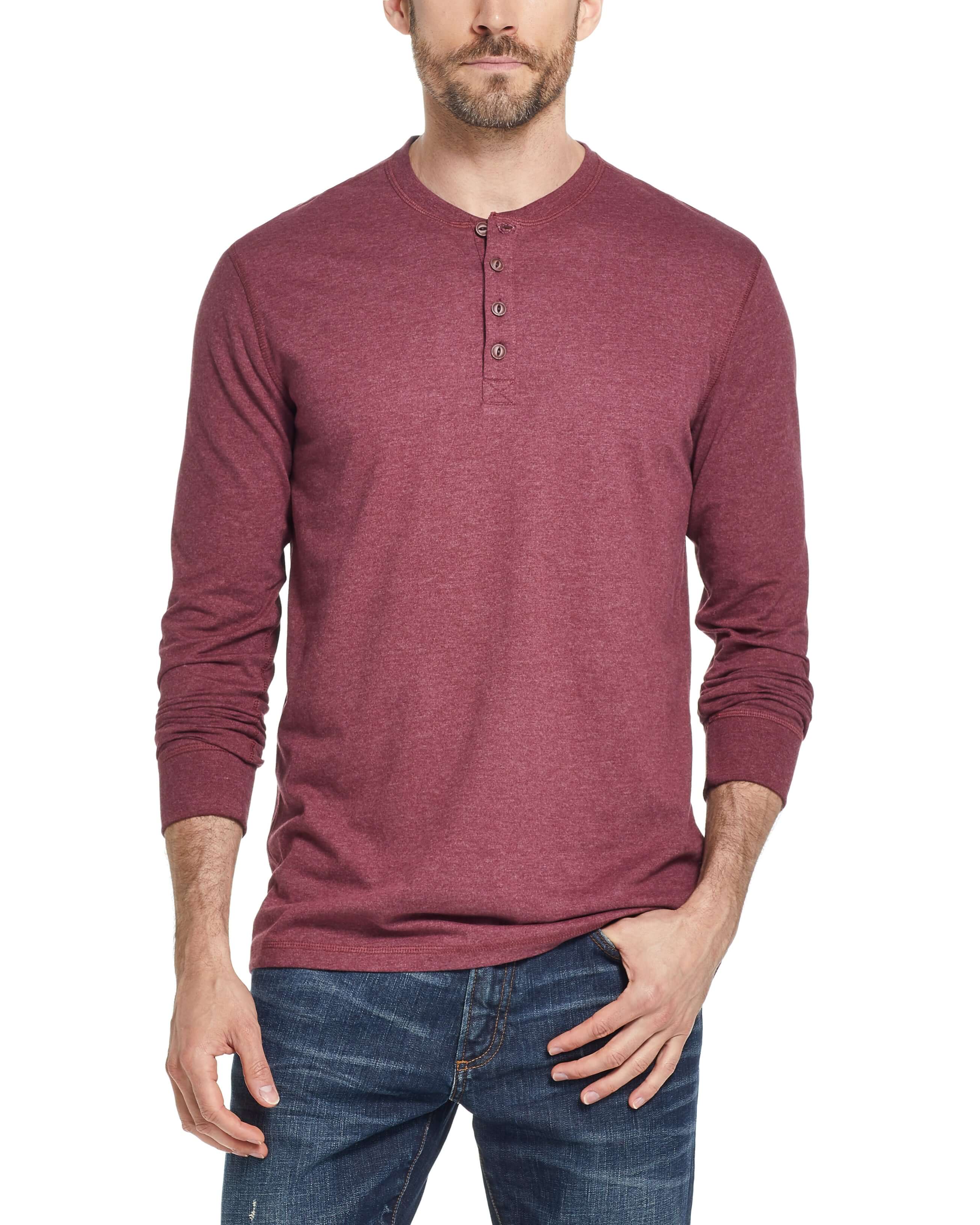 Long Sleeve Brushed Henley in Cabernet Heather