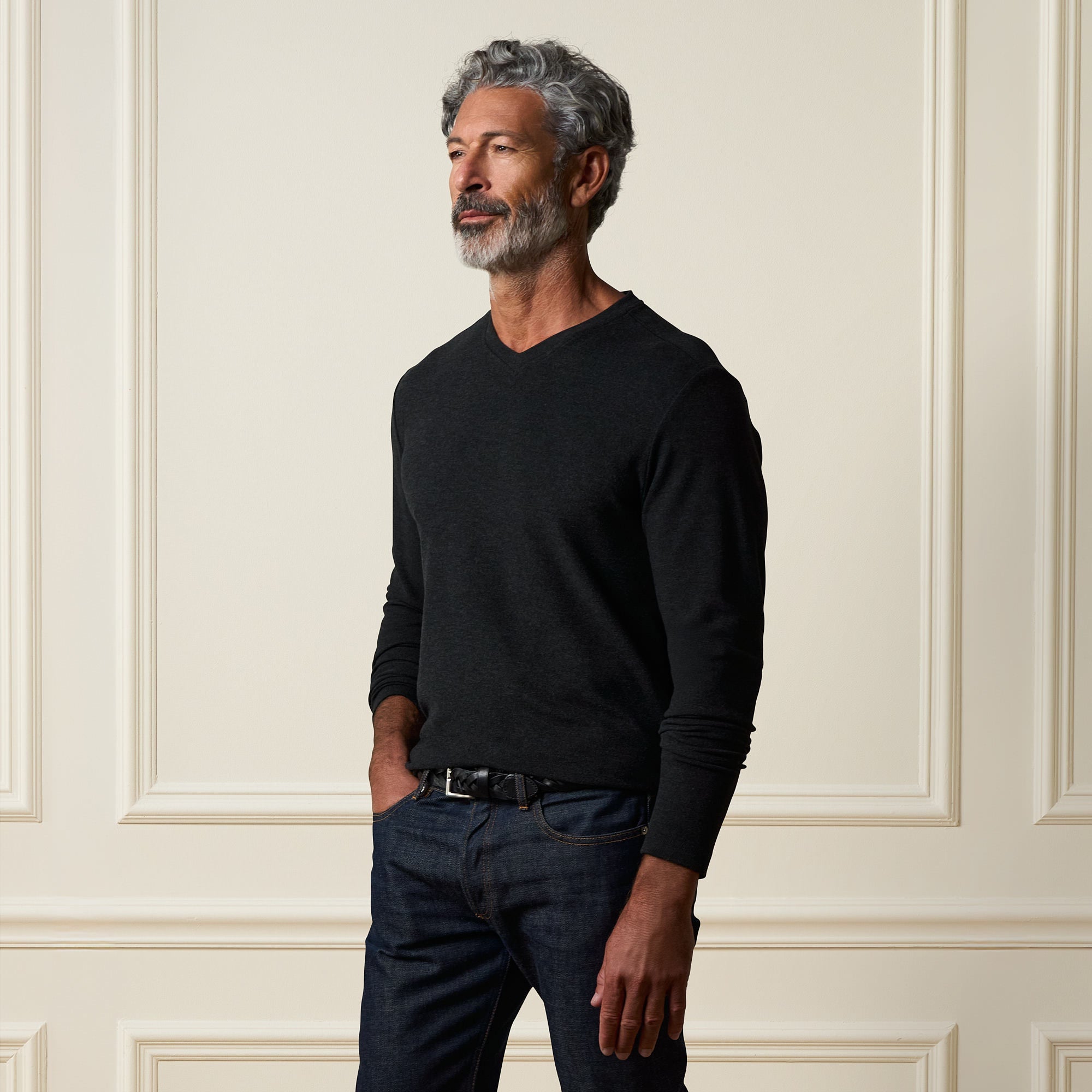 Long Sleeve Brushed V-Neck in Charcoal on a model, showcasing comfortable fit and stylish silhouette.