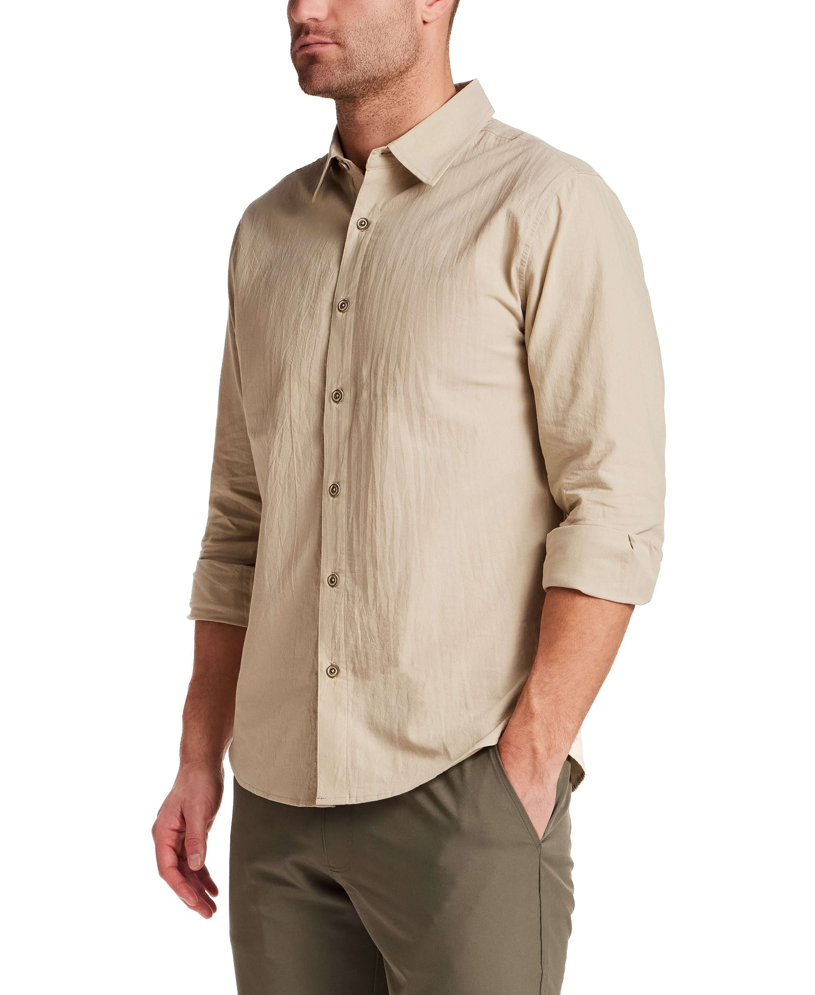 Long Sleeve Cotton Sheeting Shirt in Khaki | Weatherproof® Vintage