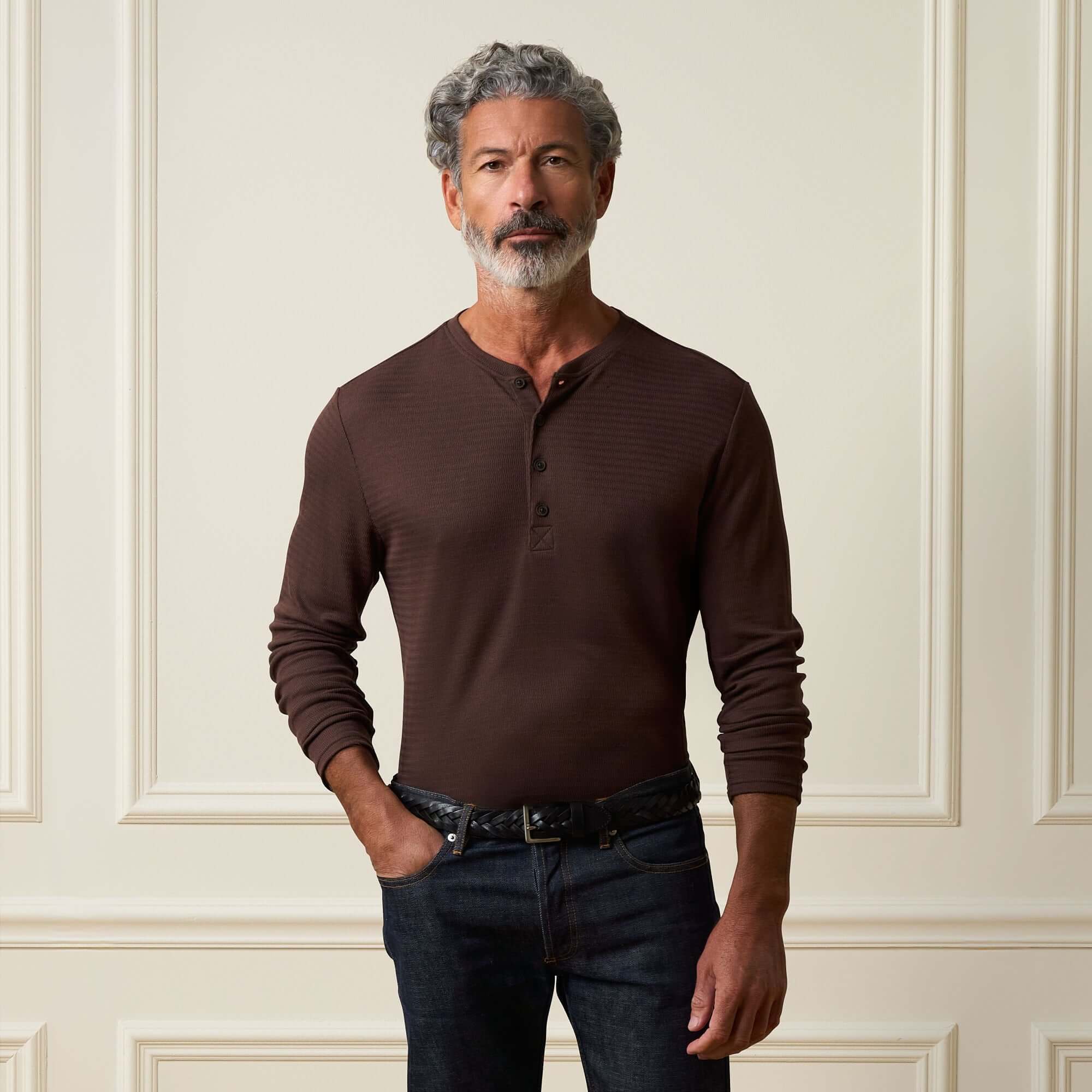 Long Sleeve Crinkle Henley in Brown | Weatherproof® Vintage