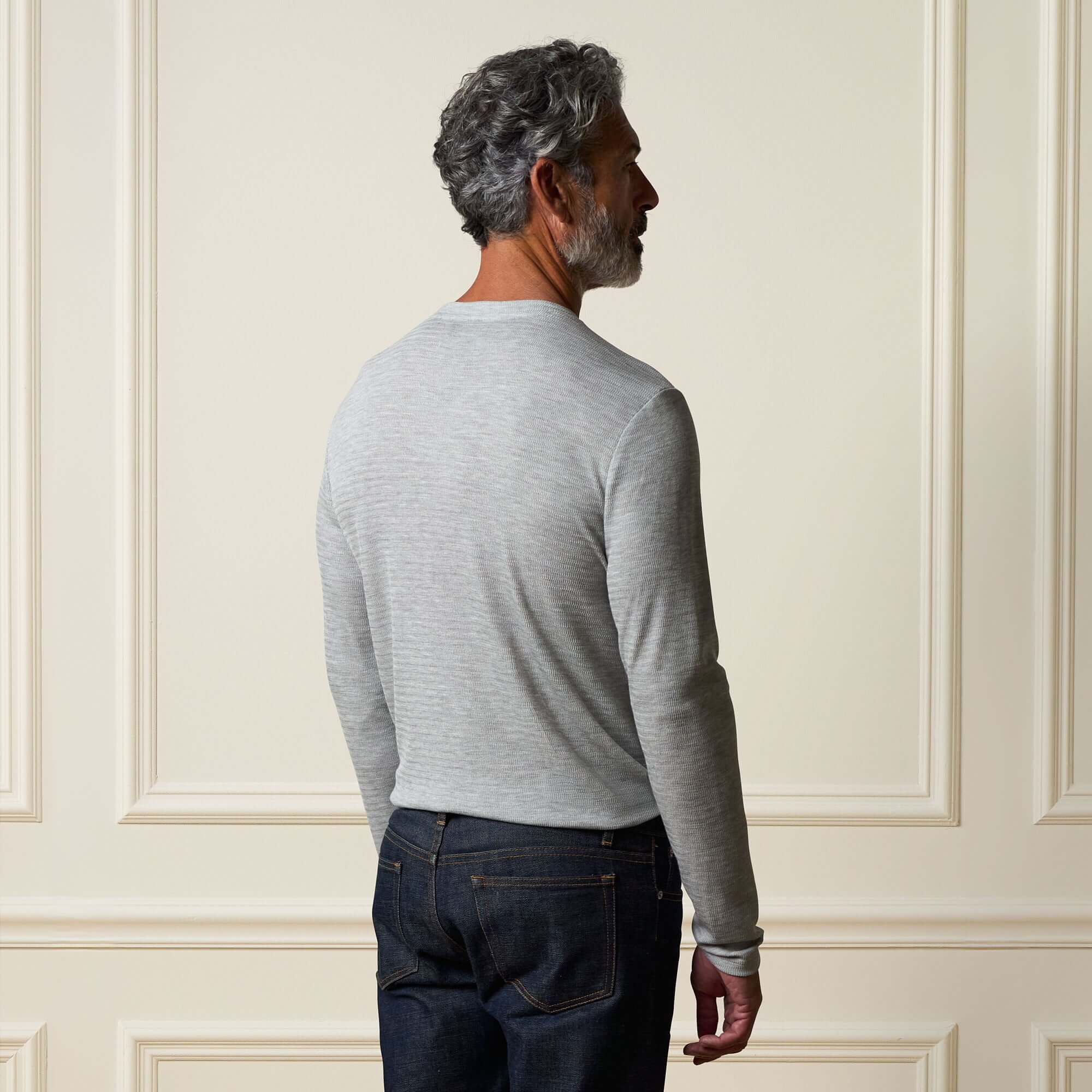 Long Sleeve Crinkle Henley in Grey Heather - Back view of man wearing a stylish, lightweight long-sleeve henley.