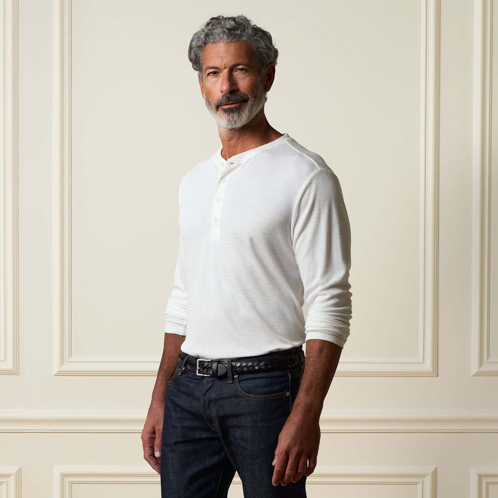 Long Sleeve Crinkle Henley in White
