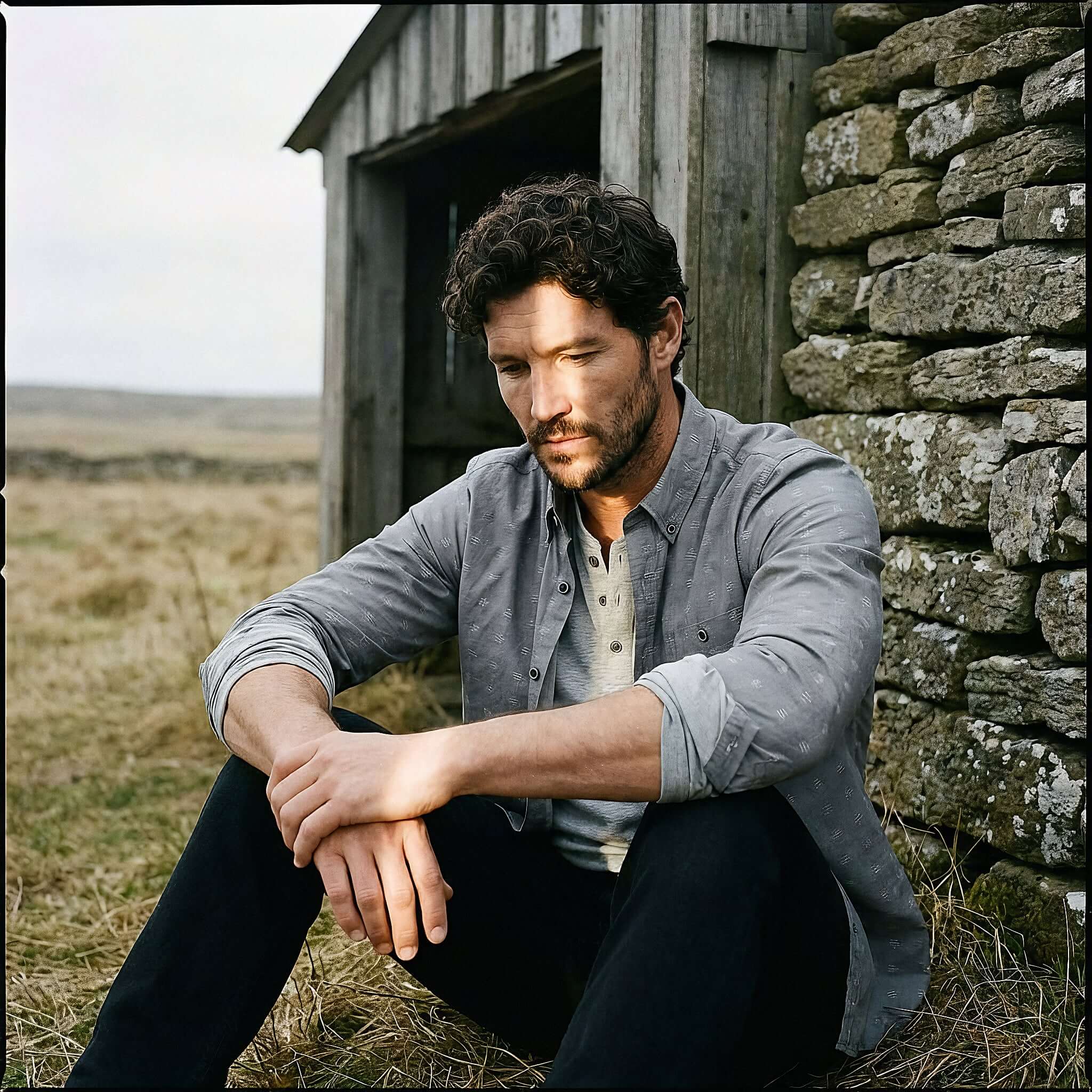 Long Sleeve Dobby Chambray in Moon Mist worn by man sitting outdoors in natural setting.