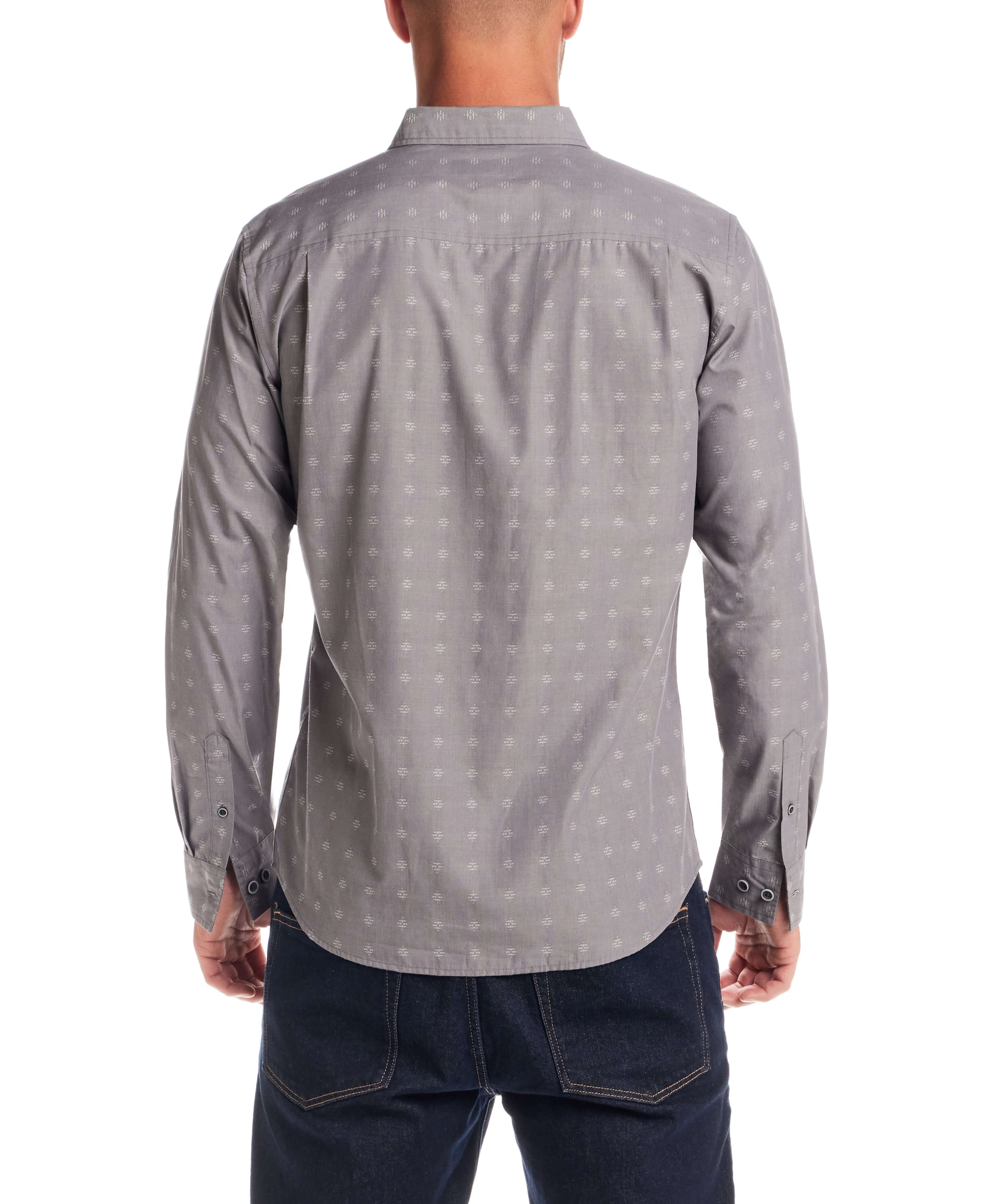 Back view of Long Sleeve Dobby Chambray in Moon Mist showcasing jacquard dobby pattern and button-down detail.