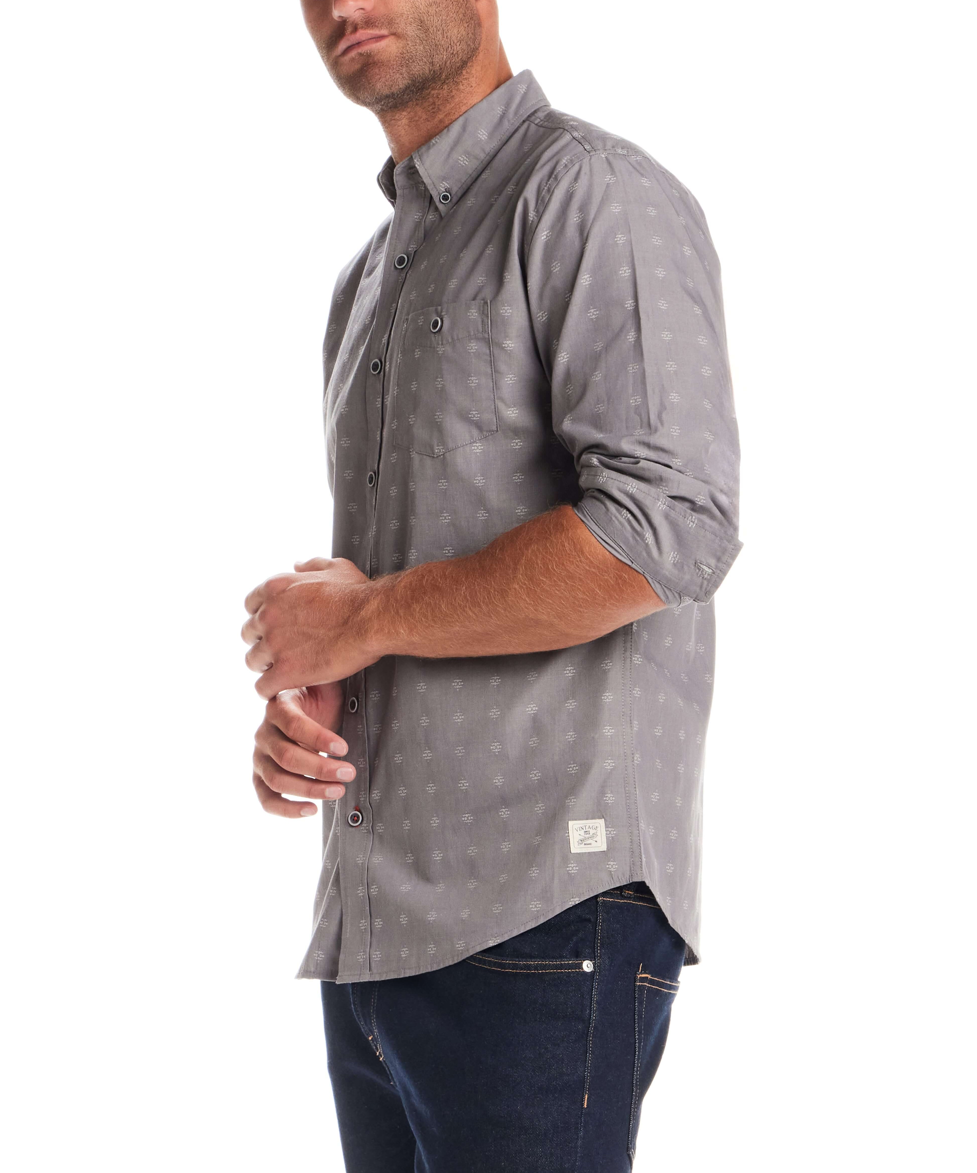 Long Sleeve Dobby Chambray in Moon Mist worn by a model showcasing its jacquard pattern and button-down design.