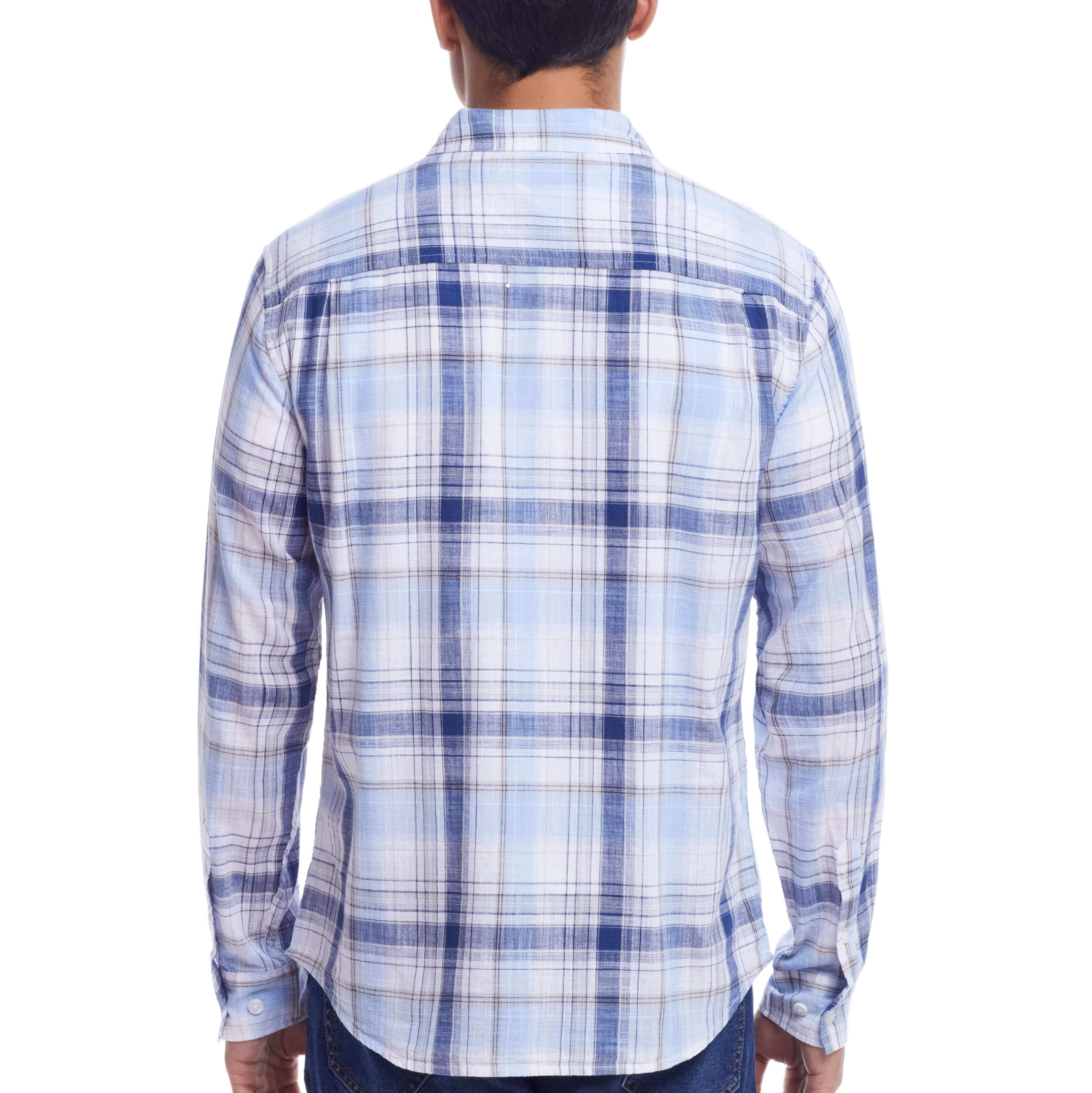 Back view of the long sleeve faux linen plaid button down shirt in ice blue, showcasing the classic fit and cuffed sleeves.