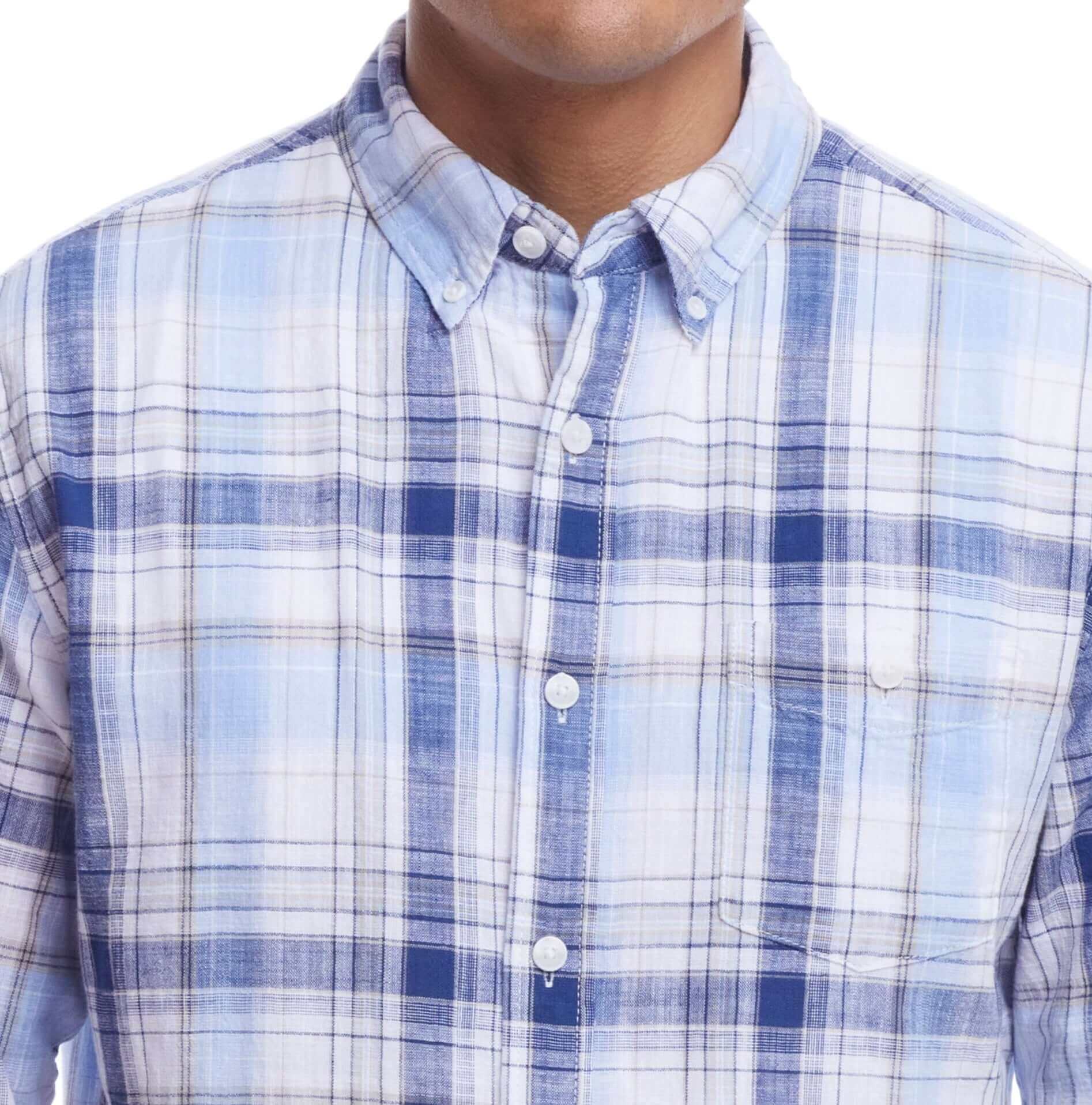 Long Sleeve faux linen plaid button down shirt in ice blue, made of 100% cotton with button down collar and chest pocket.