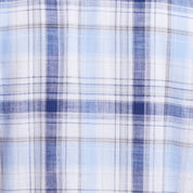 Close-up of the fabric pattern of Long Sleeve "Faux Linen" Plaid Button Down in Ice Water featuring blue and white tones.