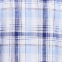 Close-up of the fabric pattern of Long Sleeve "Faux Linen" Plaid Button Down in Ice Water featuring blue and white tones.