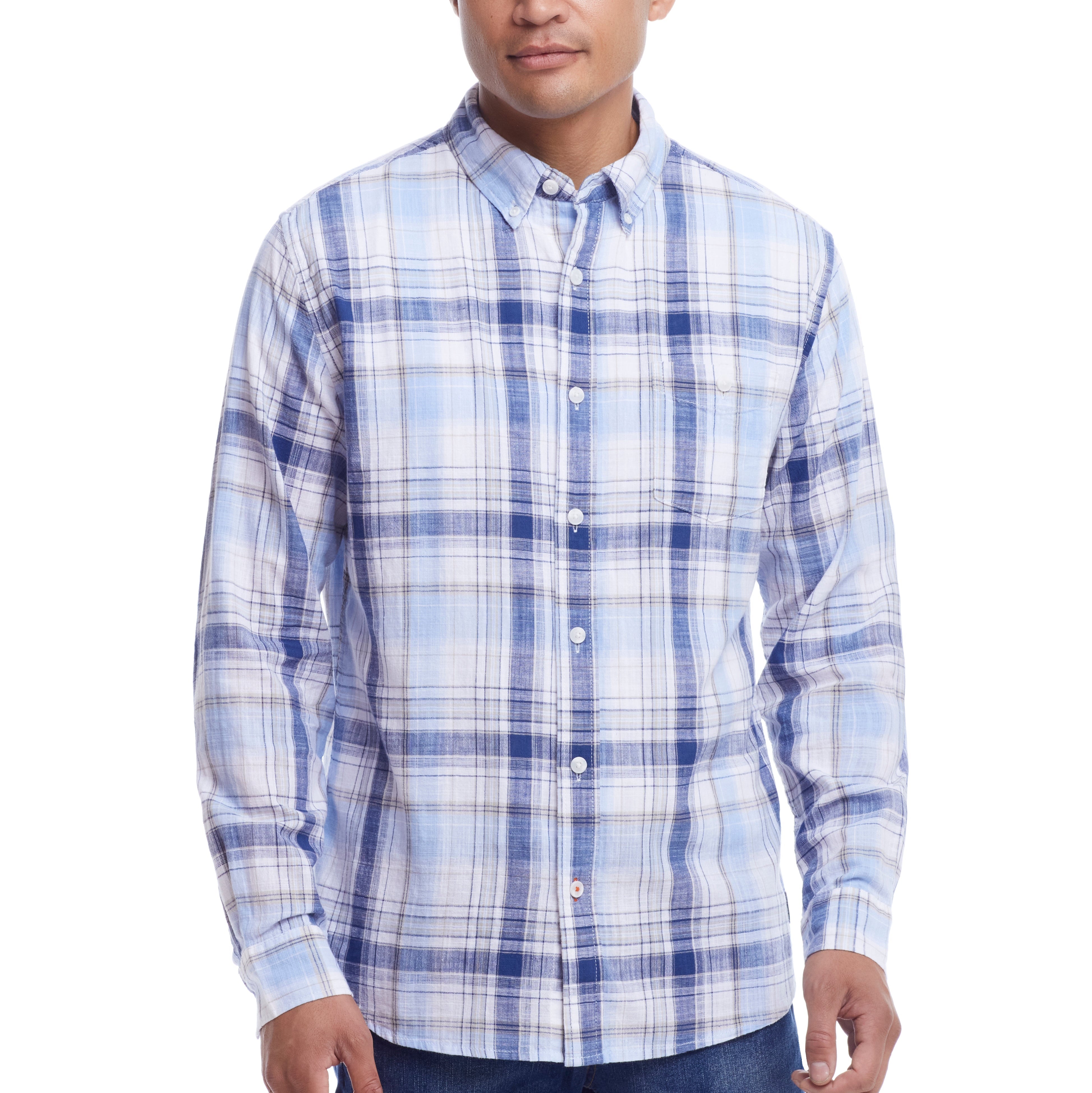Long Sleeve "Faux Linen" Plaid Button Down in Ice Water worn by a model, featuring plaid design and button-down collar.
