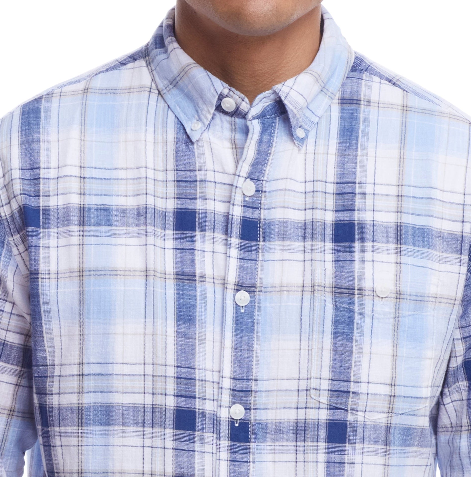 Long Sleeve "Faux Linen" Plaid Button Down in Ice Water featuring a classic plaid design and button down collar.