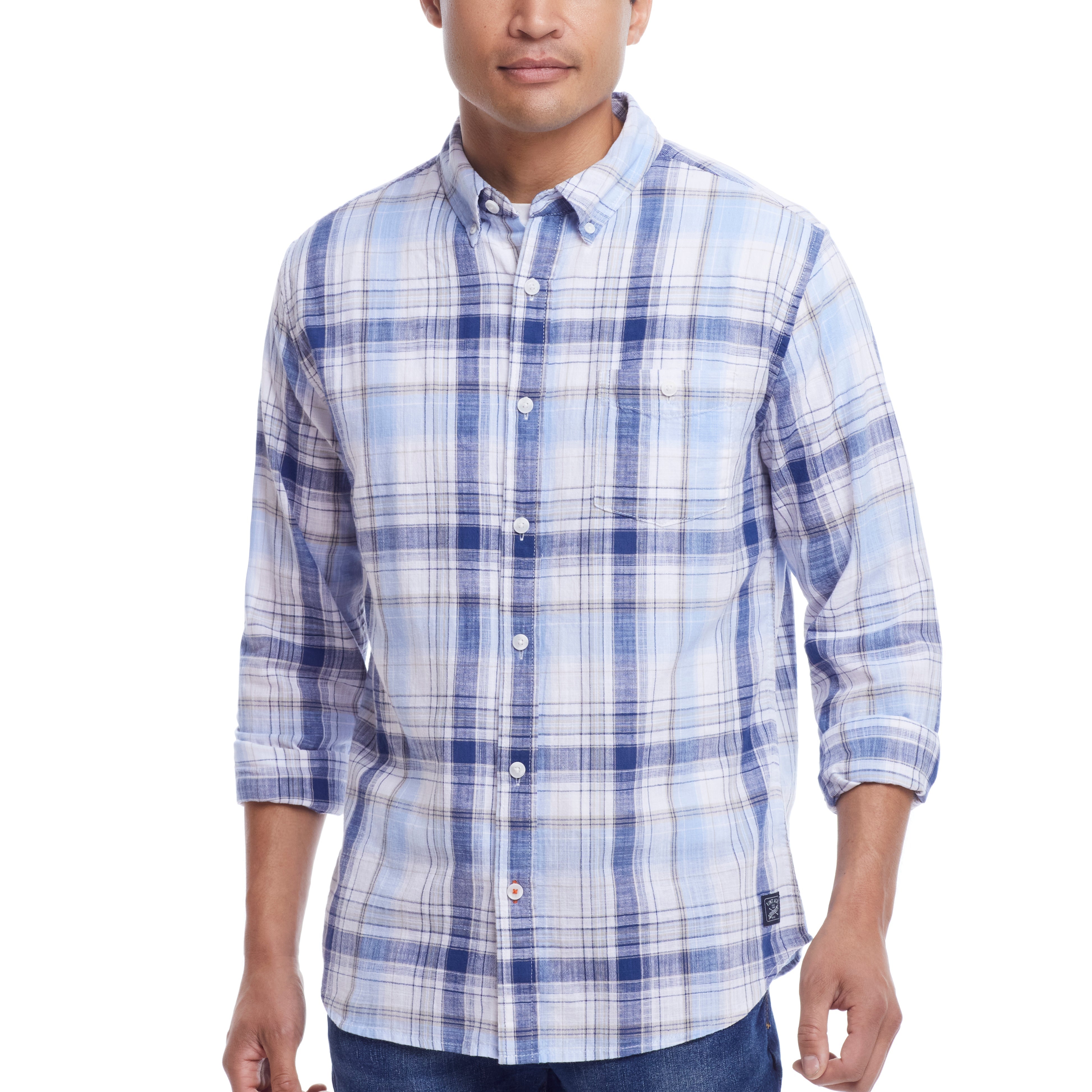 Long Sleeve "Faux Linen" Plaid Button Down in Ice Water worn by male model, showcasing cuffed sleeves and button down collar.