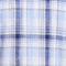 Close-up of ice blue plaid pattern on a faux linen long sleeve button-down shirt fabric.