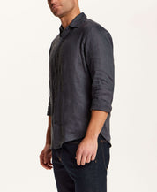 Model wearing a Long Sleeve Linen Shirt in Grey, showcasing its lightweight and relaxed design.