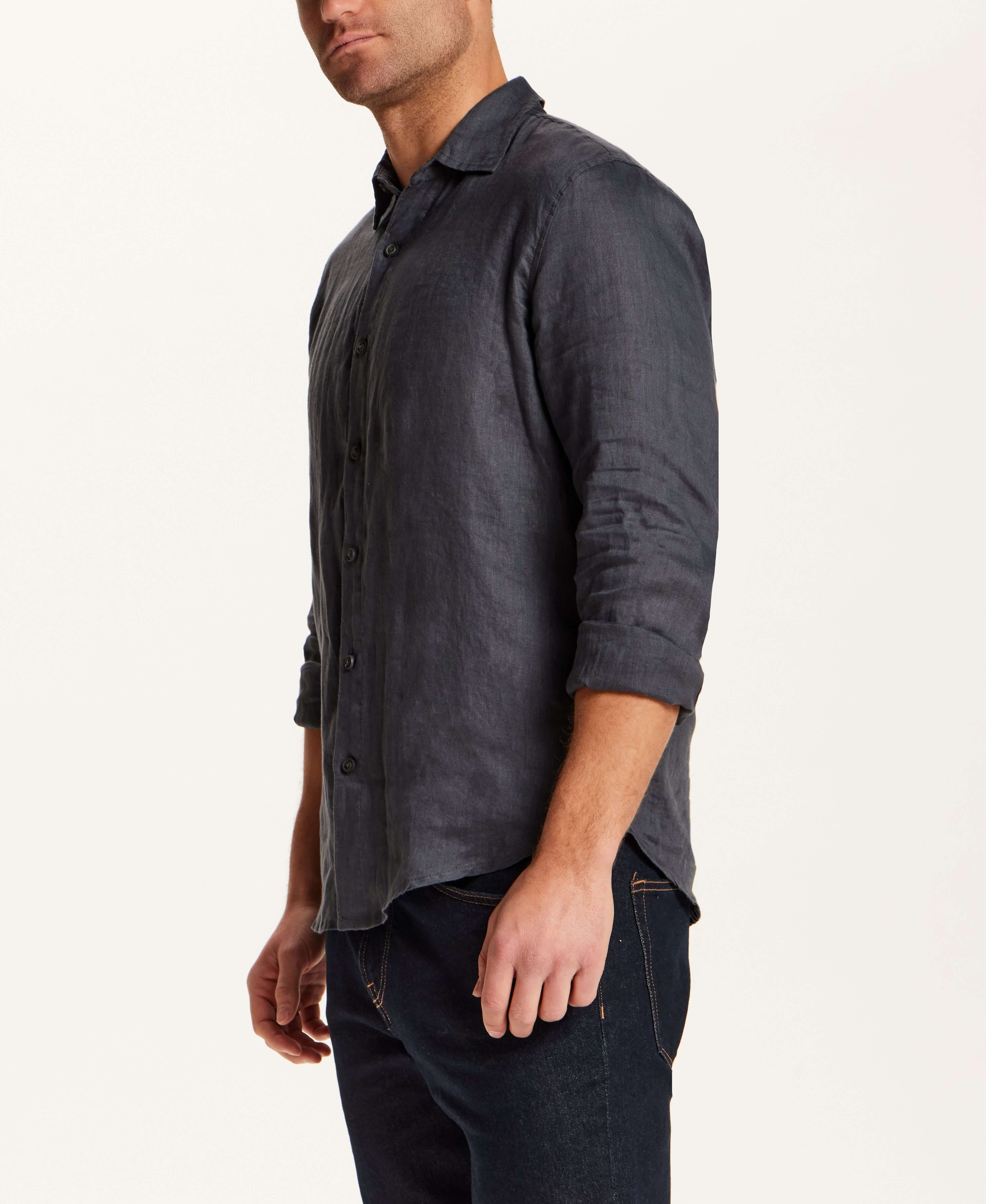 Model wearing a Long Sleeve Linen Shirt in Grey, showcasing its lightweight and relaxed design.