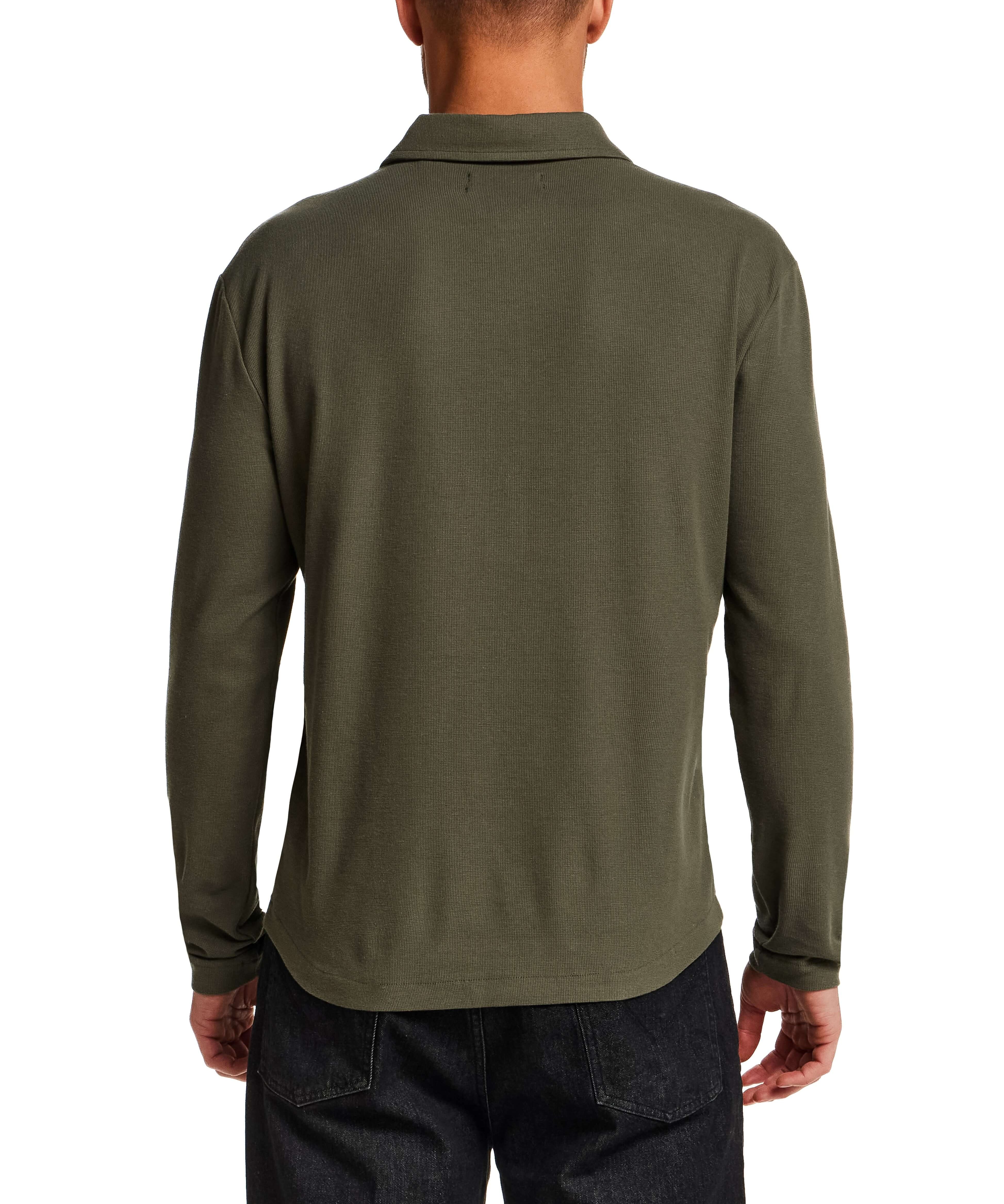 Long Sleeve Mini Waffle Polo in Olive, back view showcasing soft mini waffle texture and long sleeves.