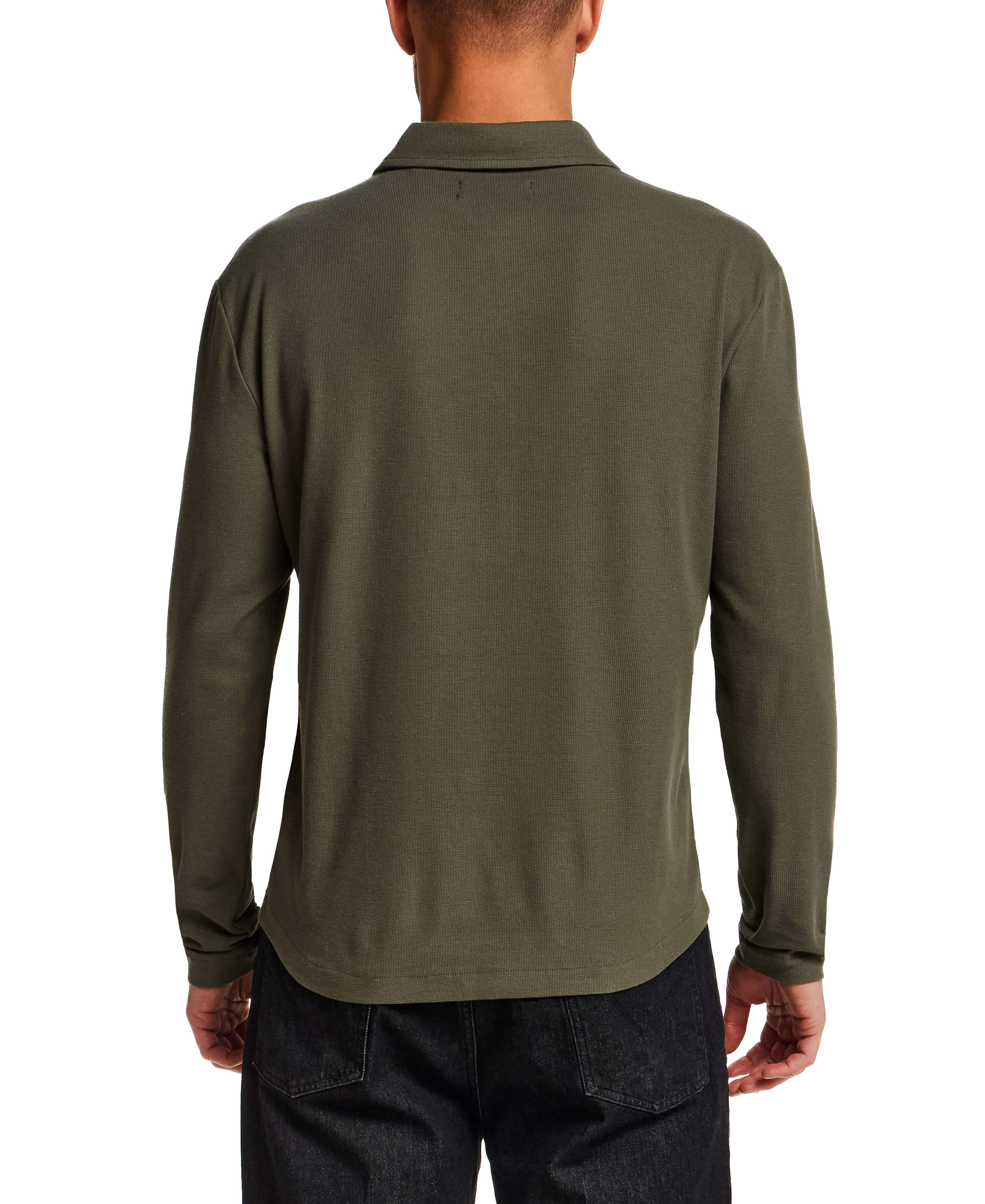 Long Sleeve Mini Waffle Polo in Olive, back view showcasing soft mini waffle texture and long sleeves.