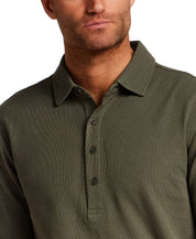 Long Sleeve Mini Waffle Polo in Olive, featuring a soft texture and long sleeves with a 4-button placket.