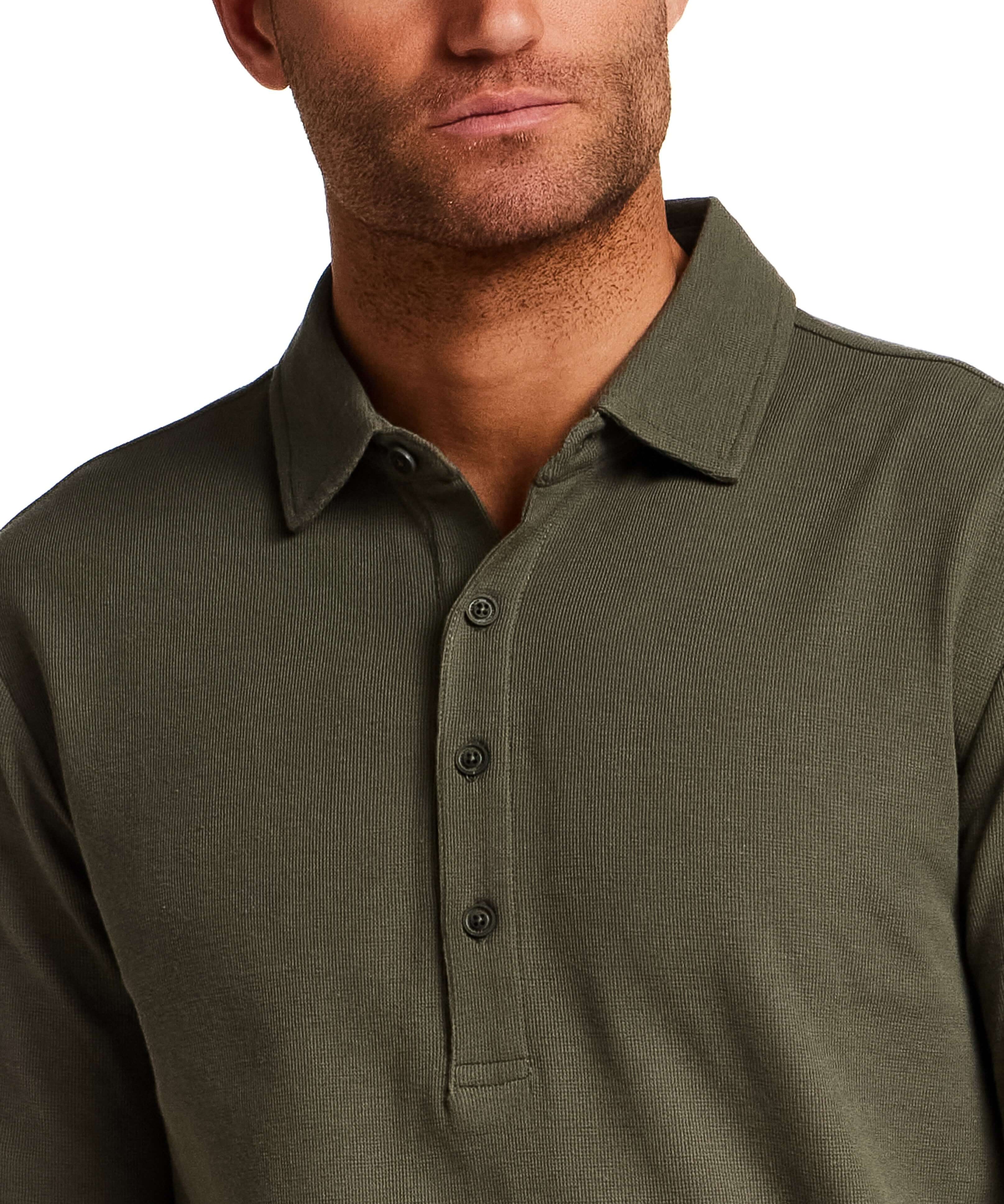 Long Sleeve Mini Waffle Polo in Olive, featuring a soft texture and long sleeves with a 4-button placket.
