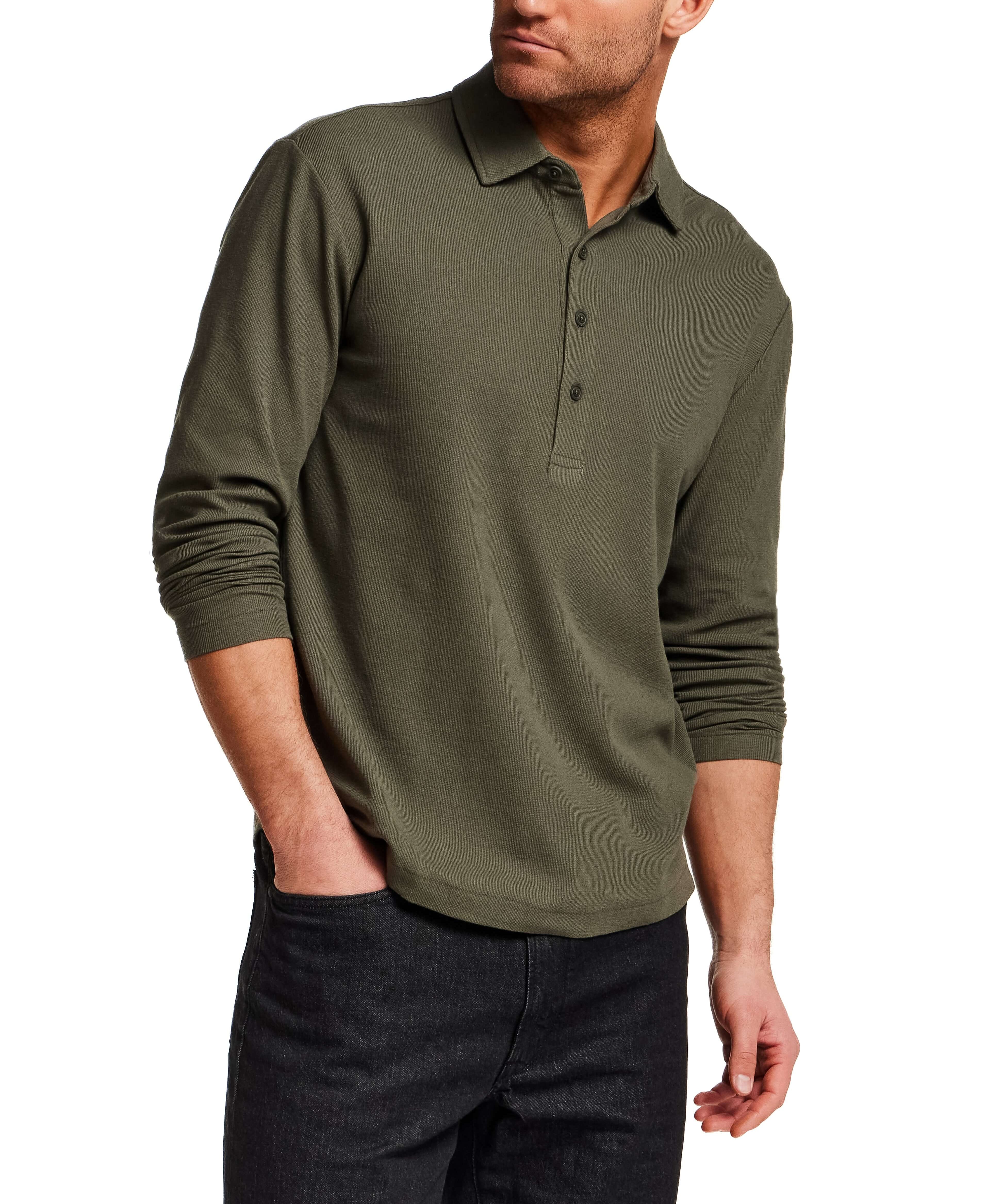 Long Sleeve Mini Waffle Polo in Olive, featuring a soft waffle texture and a versatile design, model wearing size Medium.