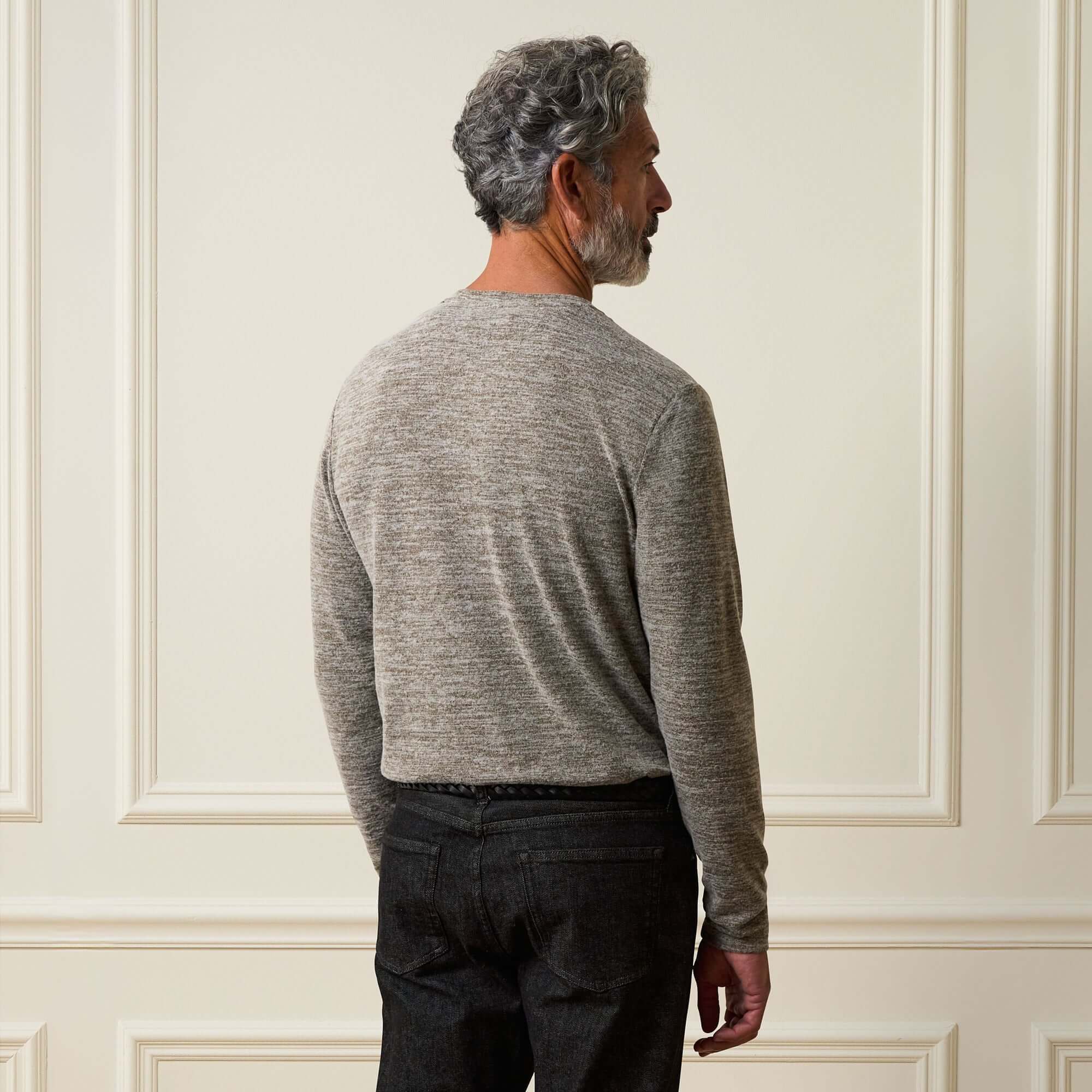 Long Sleeve Mixy Henley in Dark Brown seen from the back, showcasing its textured fabric and regular fit.