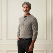 Long Sleeve Mixy Henley in Dark Brown. Model wearing a textured long sleeve Henley shirt with a button placket.