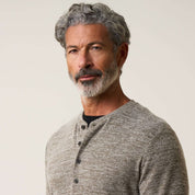 Long Sleeve Mixy Henley in Dark Brown model showcasing the pullover style and textured fabric for versatile layering.