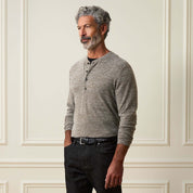 Long Sleeve Mixy Henley in Dark Brown modeled on a man, showcasing the pullover style and Henley neckline.