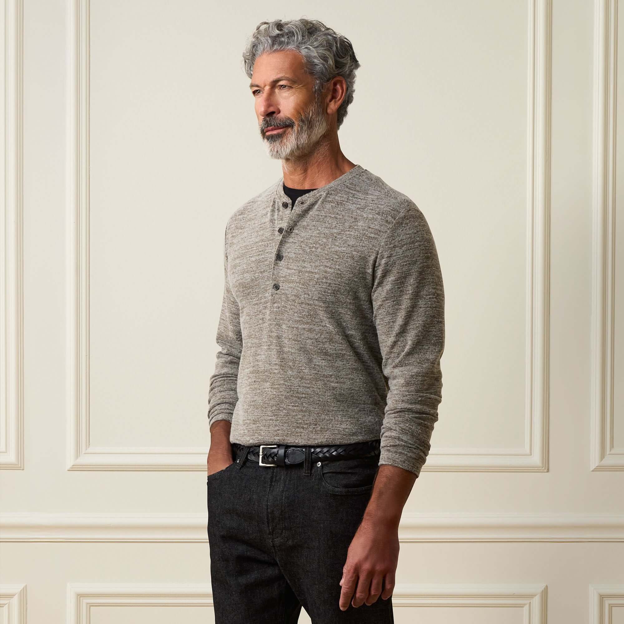 Long Sleeve Mixy Henley in Dark Brown modeled on a man, showcasing the pullover style and Henley neckline.