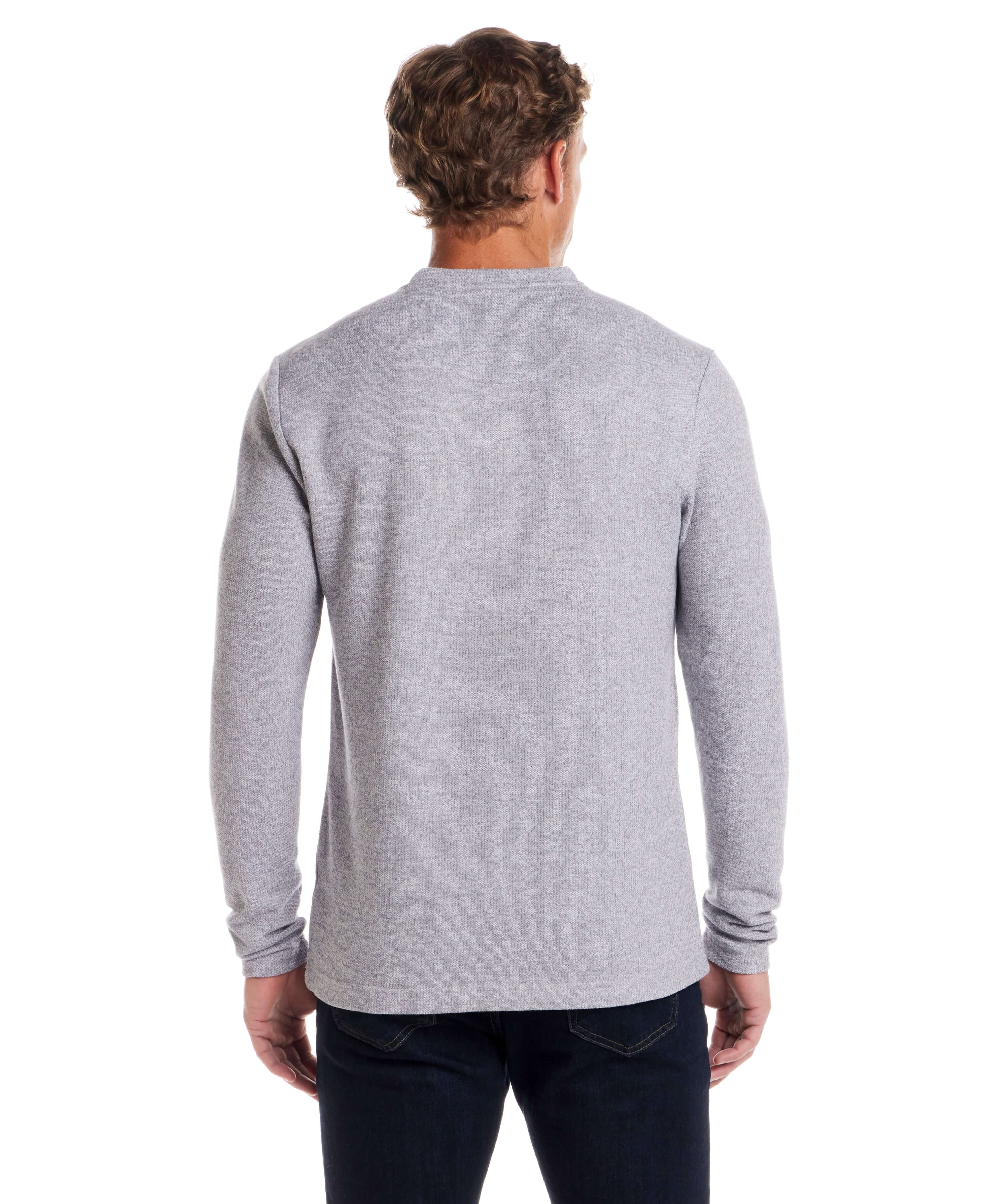 Long Sleeve Mixy Henley in Grey, back view showcasing the soft thermal fabric and ribbed cuffs.