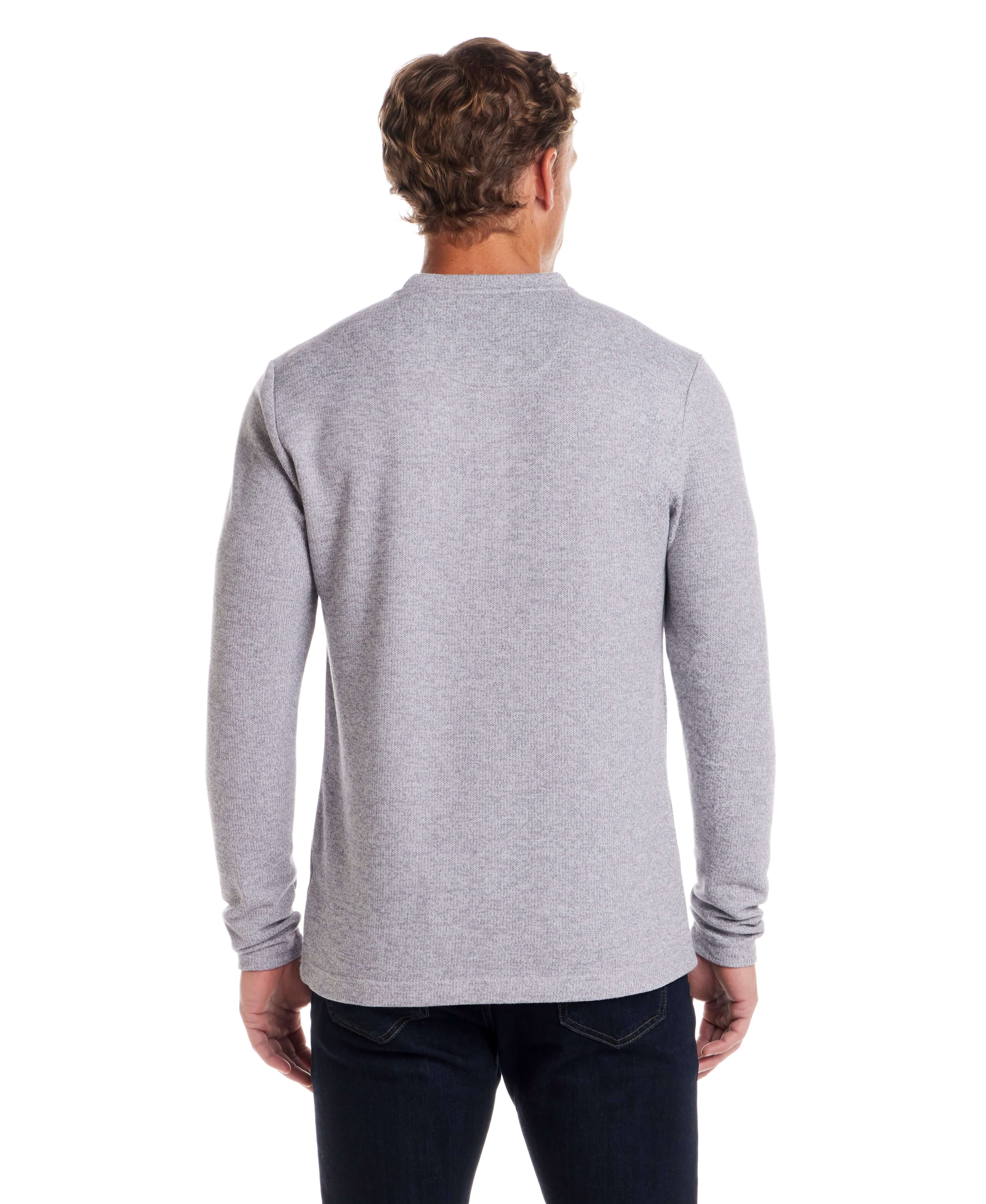 Long Sleeve Mixy Henley in Grey, back view showcasing the soft thermal fabric and ribbed cuffs.