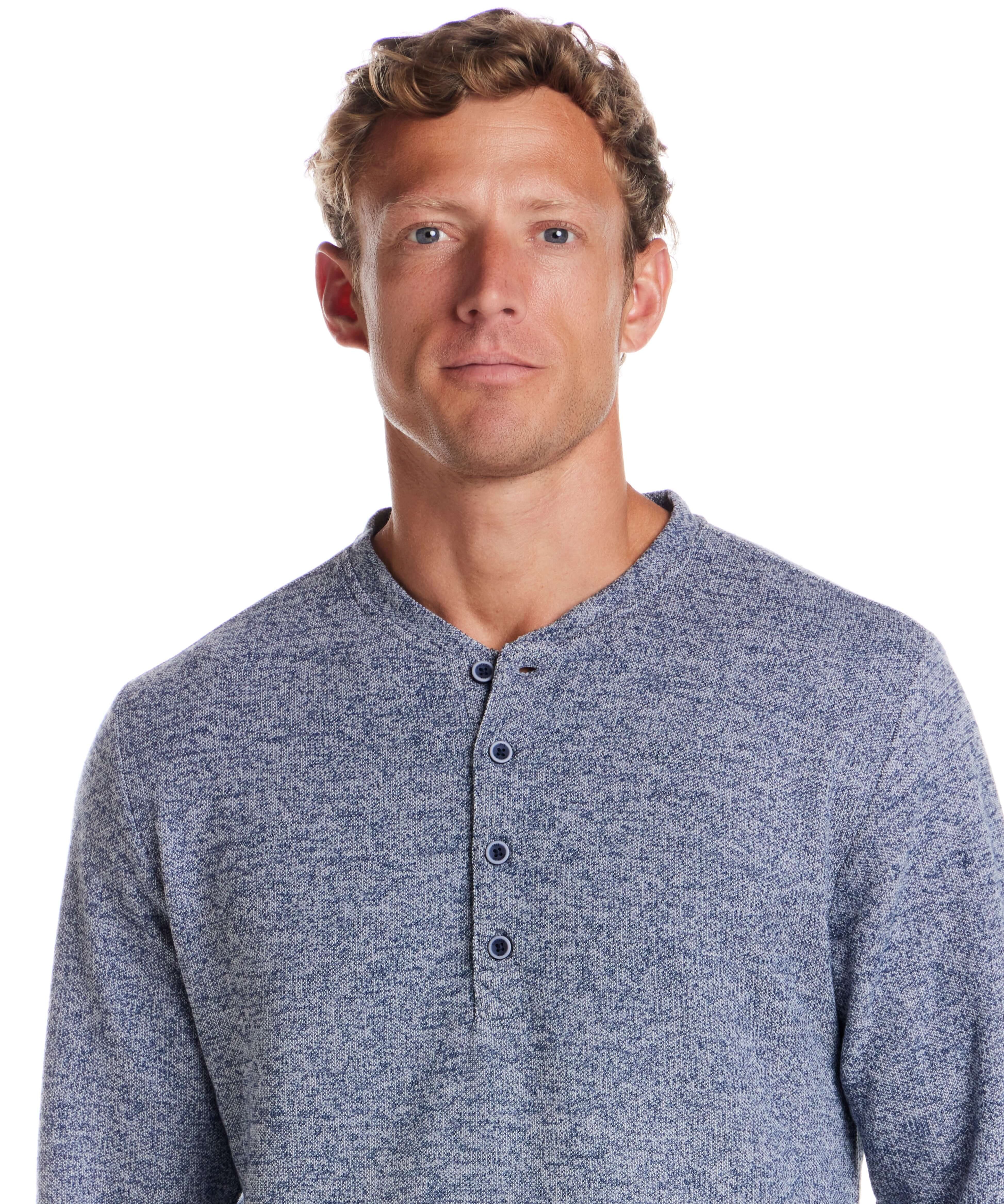 Long Sleeve Mixy Henley in Navy worn by a model, featuring a 4-button placket and ribbed cuffs.