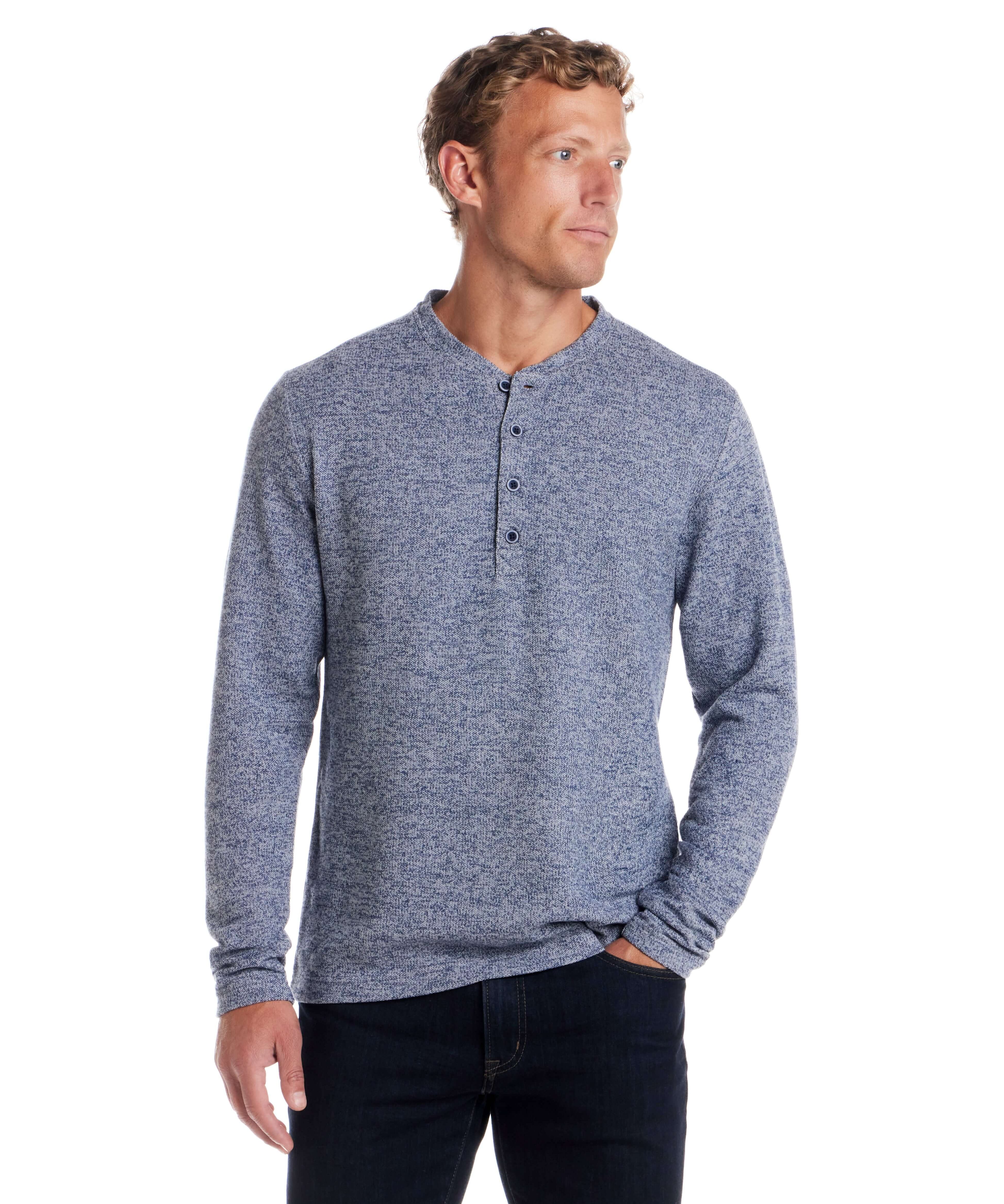 Long Sleeve Mixy Henley in Navy worn by a model, showcasing a classic 4-button placket and ribbed cuffs.