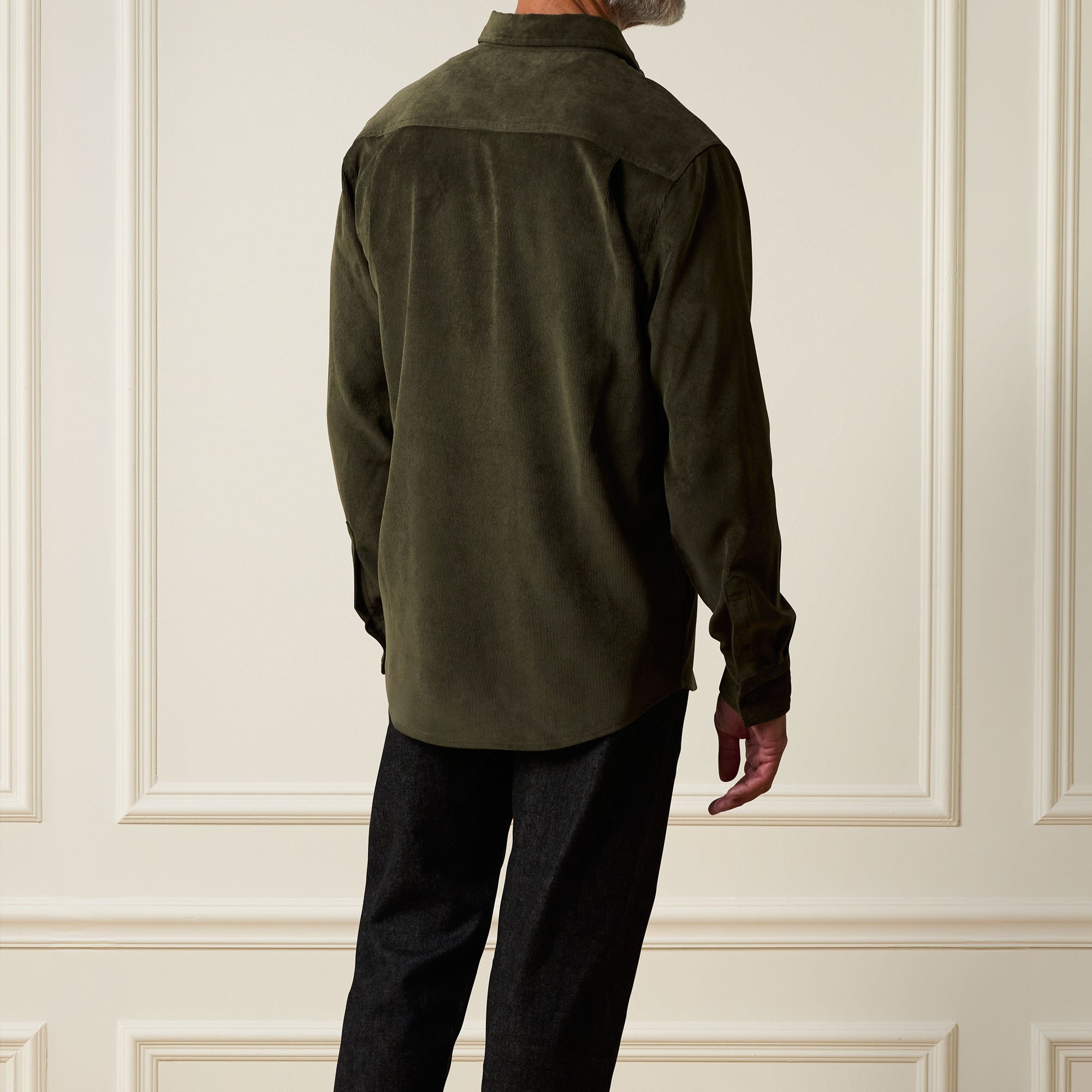 Back view of Long Sleeve Solid Cord Button Down in Olive, showcasing soft corduroy texture and classic styling.