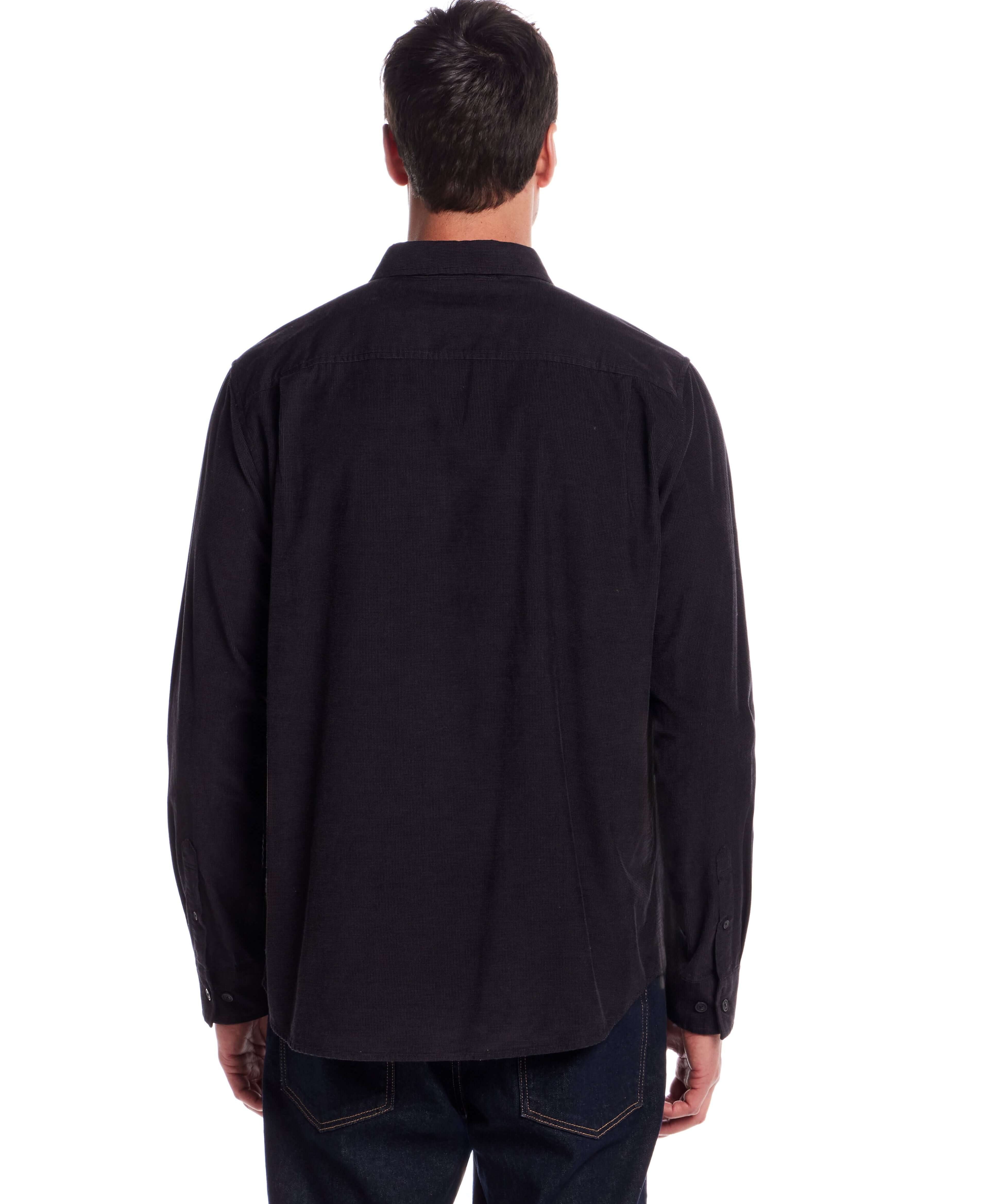 Long Sleeve Pebble Corduroy Shirt in Forged Iron, back view showcasing button-down collar and cuffed sleeves.