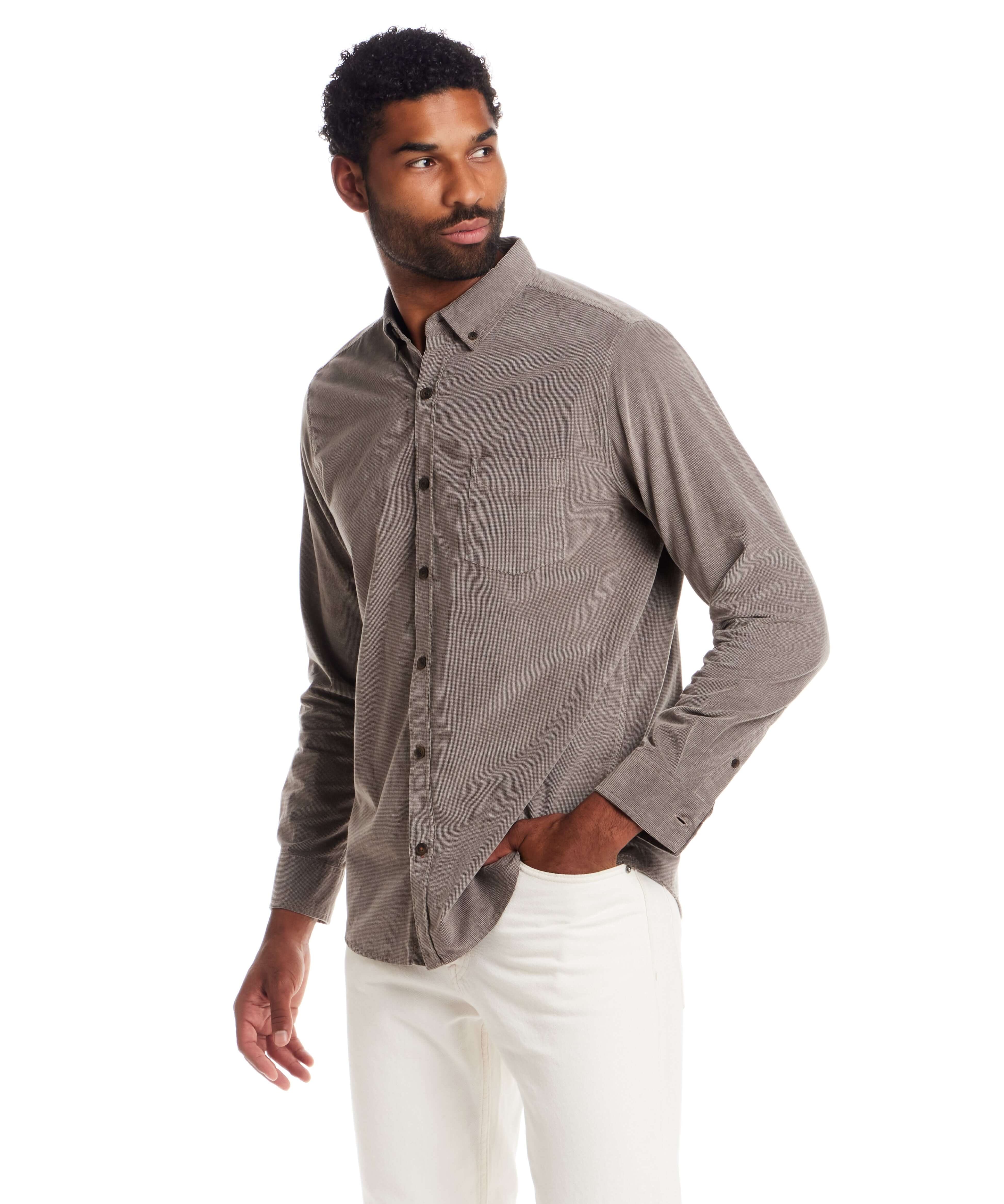 Long Sleeve Pebble Corduroy Shirt in Mountain Trail displayed on model with button-down collar and cuffed sleeves.