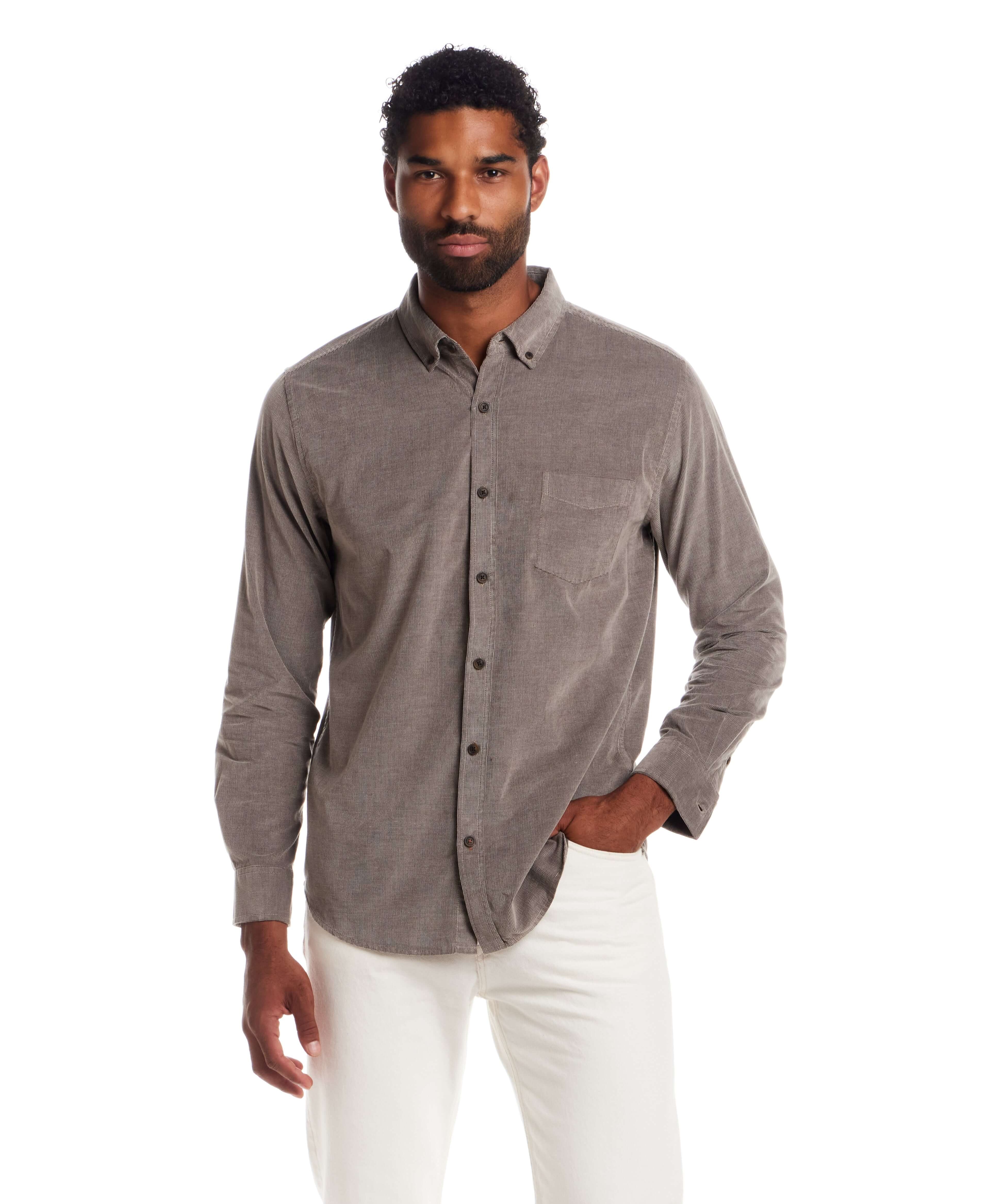 Long Sleeve Pebble Corduroy Shirt in Mountain Trail modeled by a man, showcasing casual style with button-down collar.
