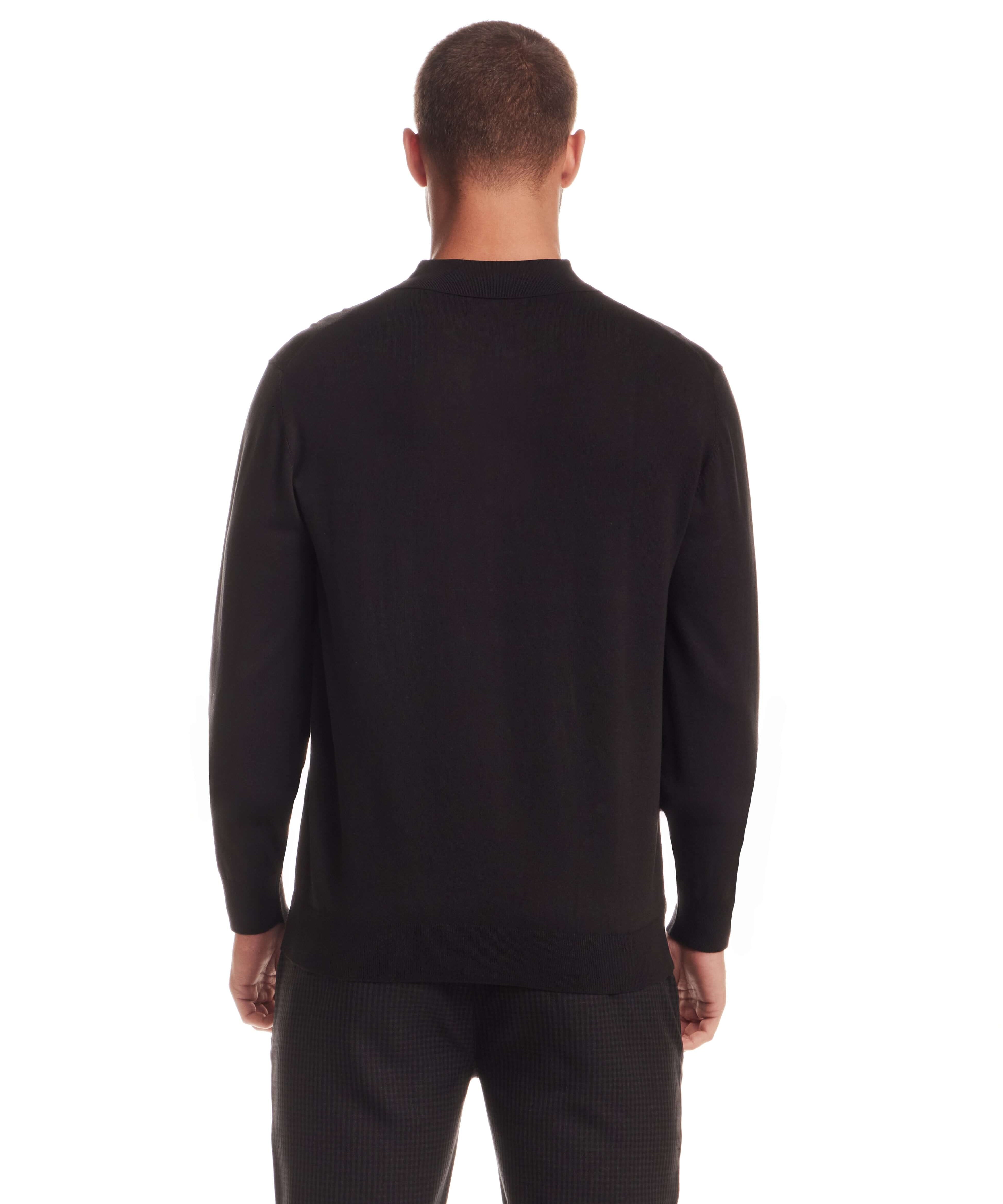 Back view of a man wearing a Long Sleeve Polo Sweater in Black, highlighting its refined knit and comfortable fit.